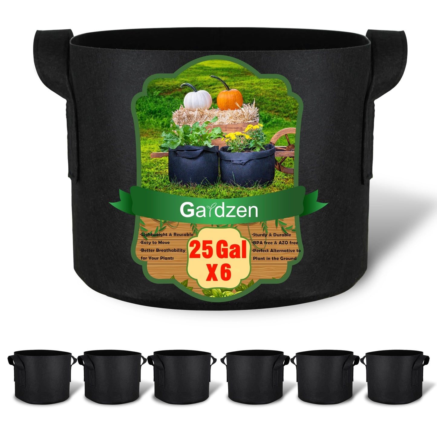Gardzen 6-Pack 25 Gallon Grow Bags, Aeration Fabric Pots with Handles