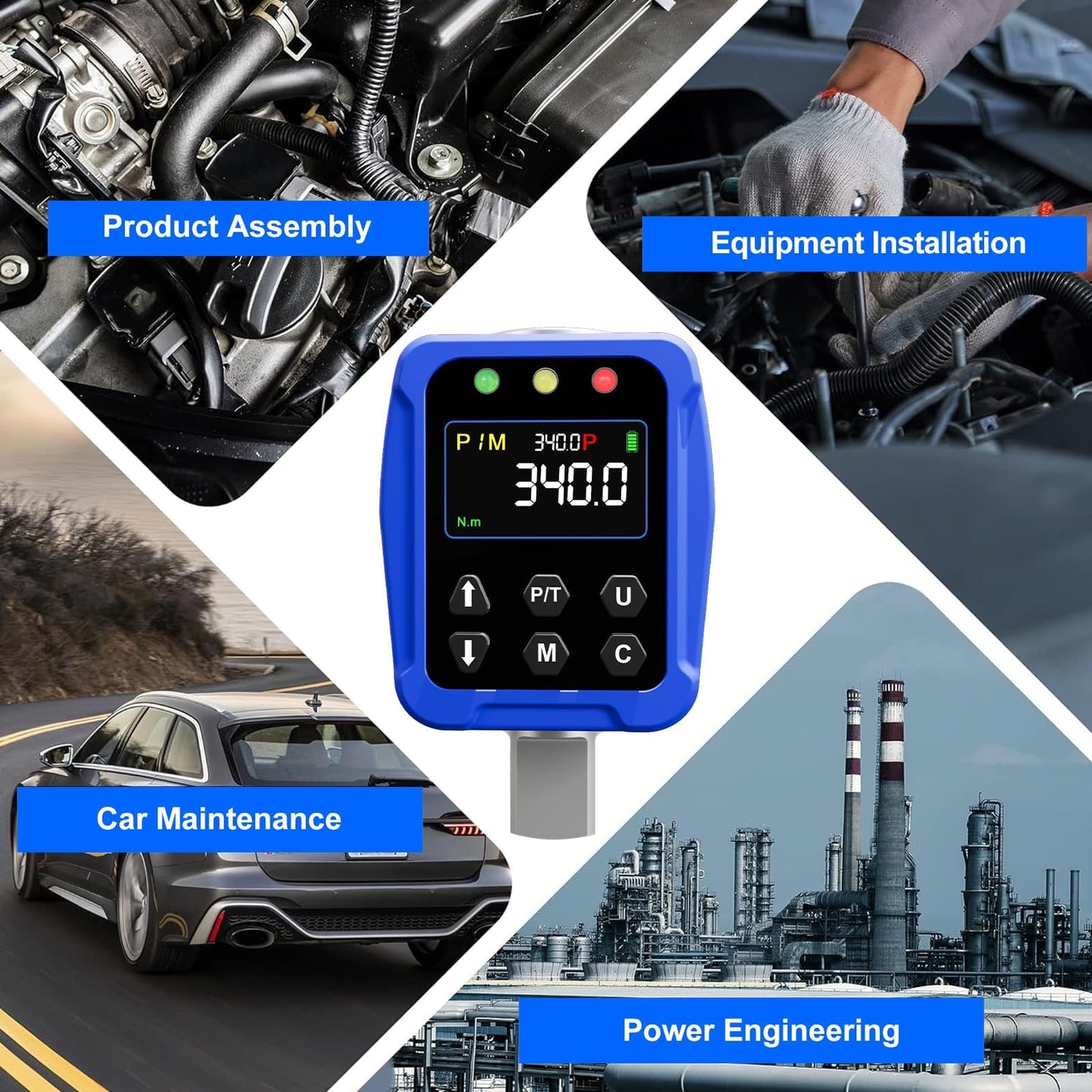 PUIBERS 1/2" Drive Digital Torque Wrench Adapter- 12.5-250.7 Ft-lb / 17-340 Nm, Digital Torque Adapter ±2% Accuracy, Colour LCD Display, 1/4” & 3/8” Adapters for Car & Motorcycle Maintenance