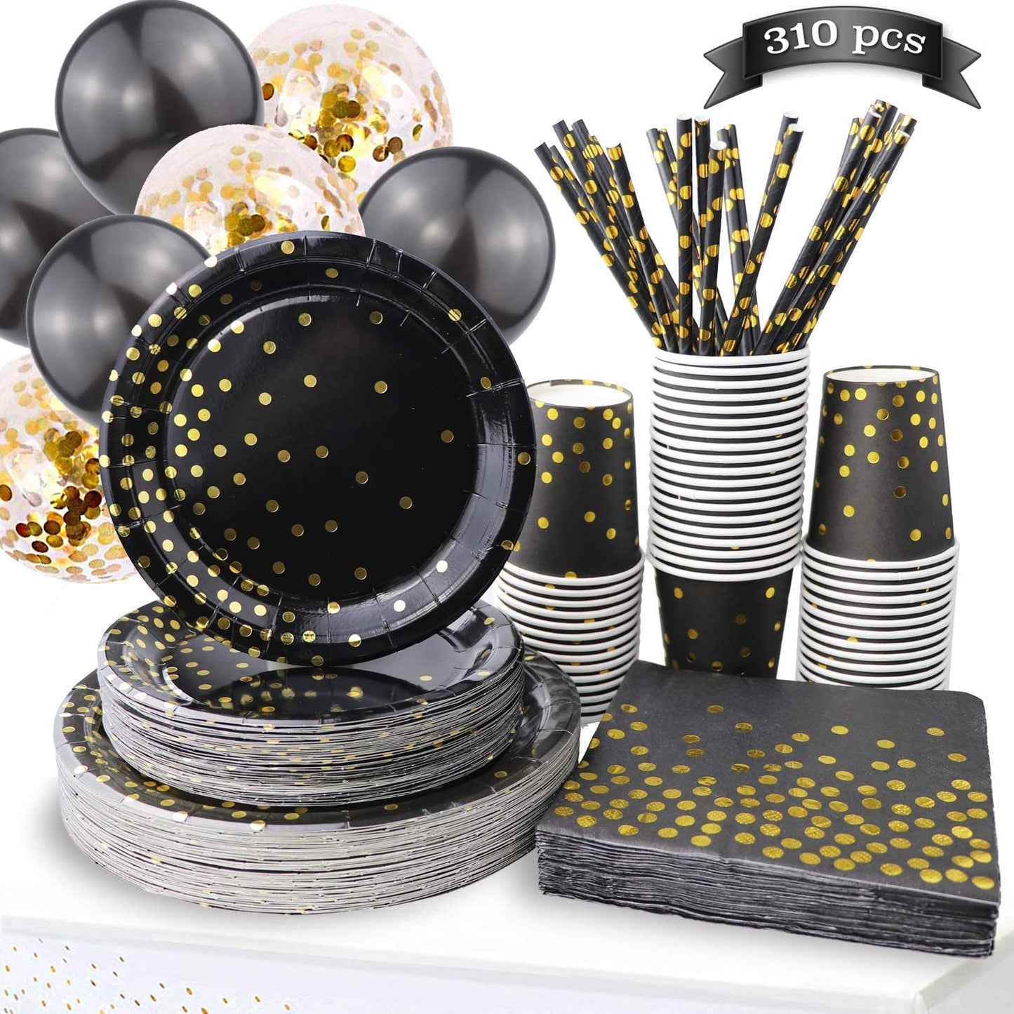 310PCS Party Supplies - Disposable Paper Plates Dinnerware Set Rose Gold Dots 50 Dinner Plates 50 Dessert Plates 50 Cups 50 Napkins 50 Straws 60 Balloons Birthday Party Wedding Holiday (Black and Gold)