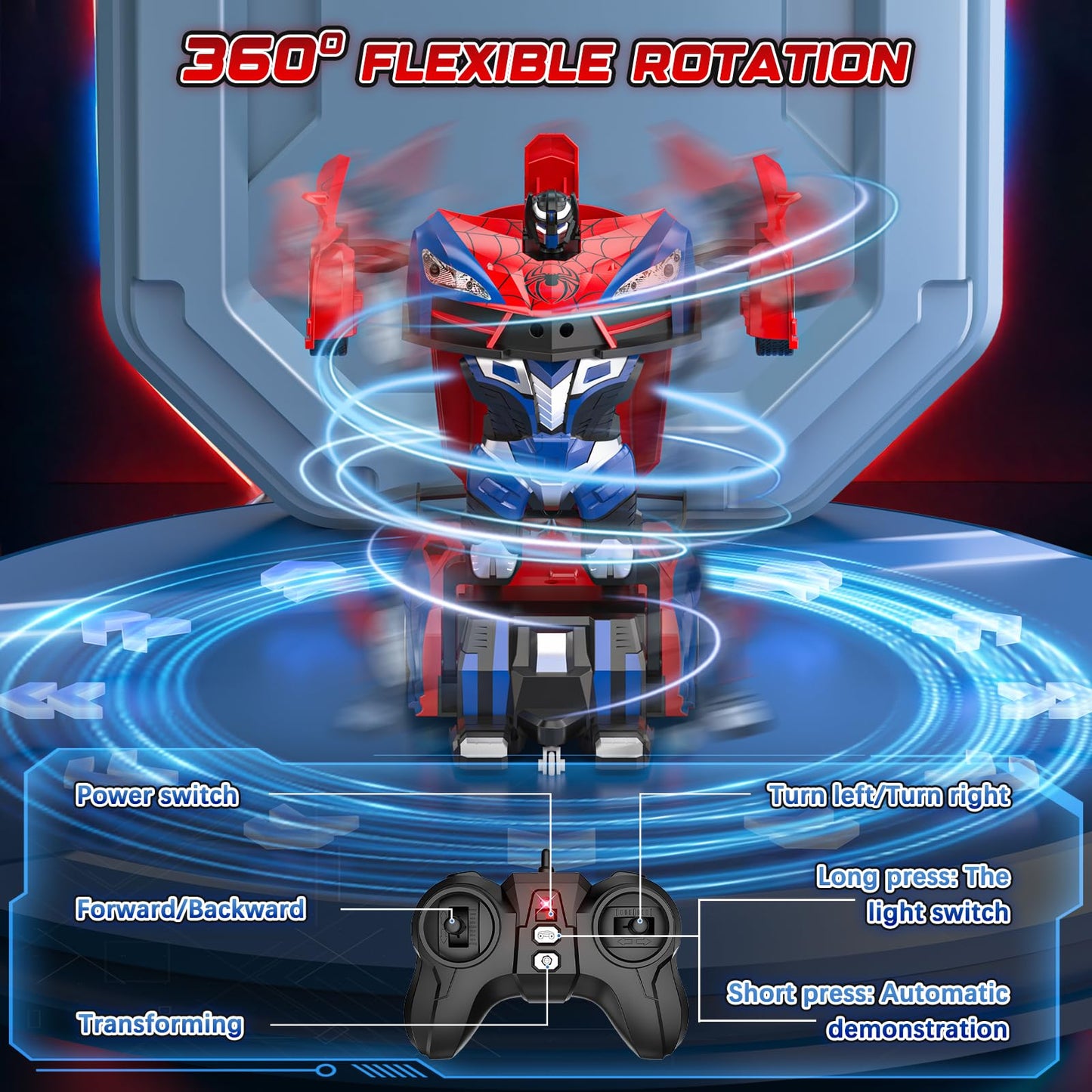Spider Transform Remote Control Cars for Kids - 2.4GHz RC Police Car for 3 4 5 6 7 8 Year Old Boys, 1:18 Scale Robot Toy Car with One-Key Transformation & 360° Rotation, Kids Christmas Birthday Gifts