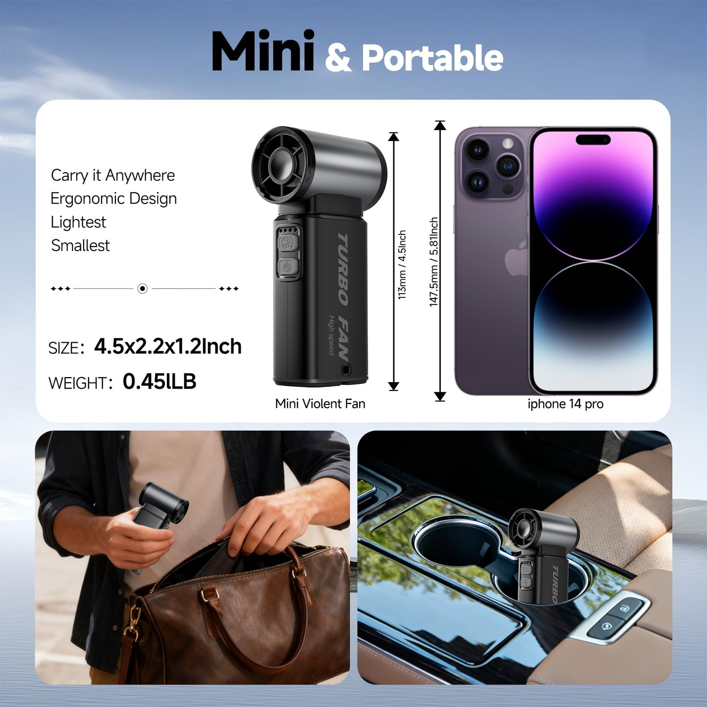 Mini Handheld Turbo Jet Fan & Air Duster, 110000RPM Rechargeable Fast-Charging Blower, 6-Gear Adjustable Electric Air Duster for Keyboard, Computer, Home, Car, Camping