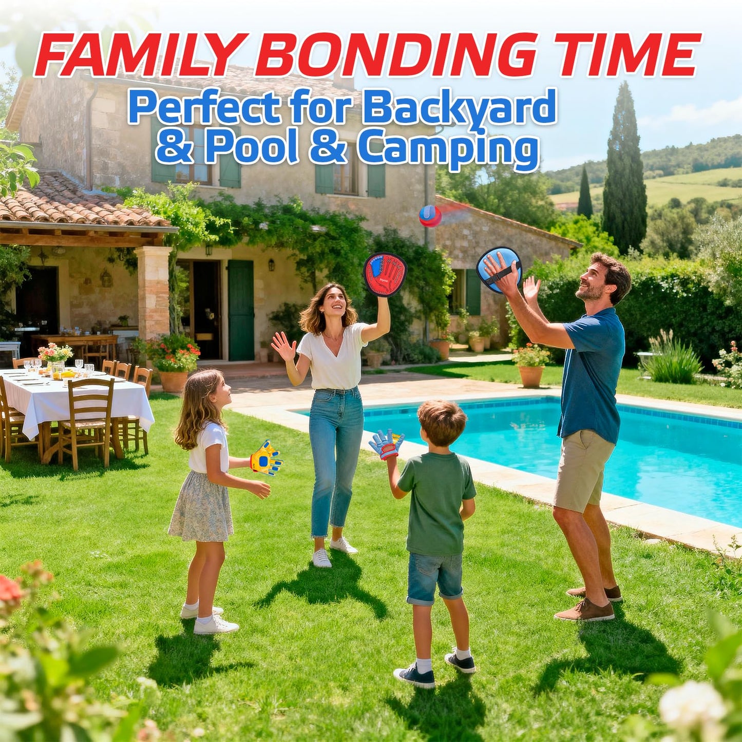 JoyCat Toss and Catch Ball Game with 2 Gloves for Kids & 2 Paddles for Adult or Kids, Outdoor Toys for Family Camping, Beach & Yard Games, Toddler Baseball Glove, Gift for 3-12 Year Old