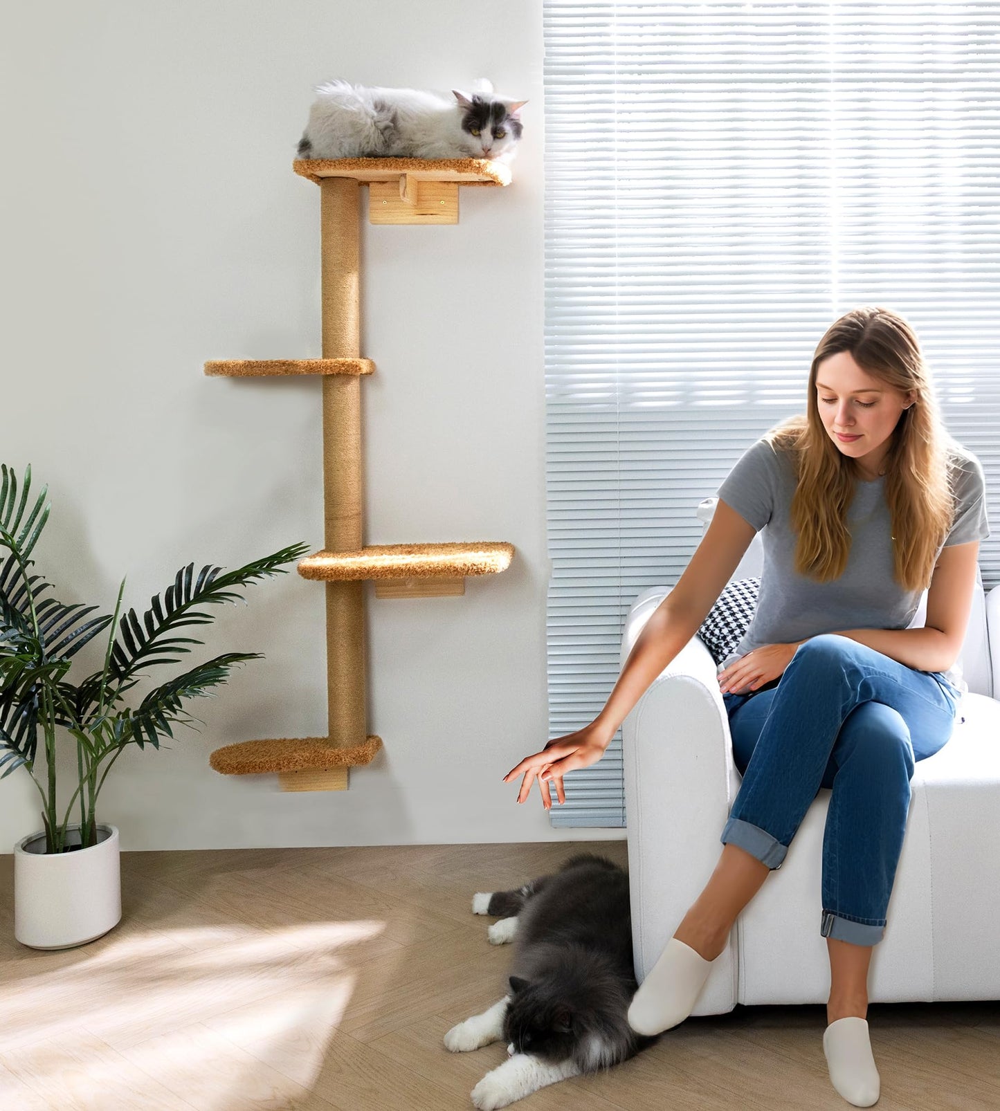 Brown Wall Mounted Cat Wall Climber & Tree for Kittens, 4 Platform Cat Shelves with Brown Plush Cushions, Floating Furniture for Climbing, Lounging, Scratching – 125 cm