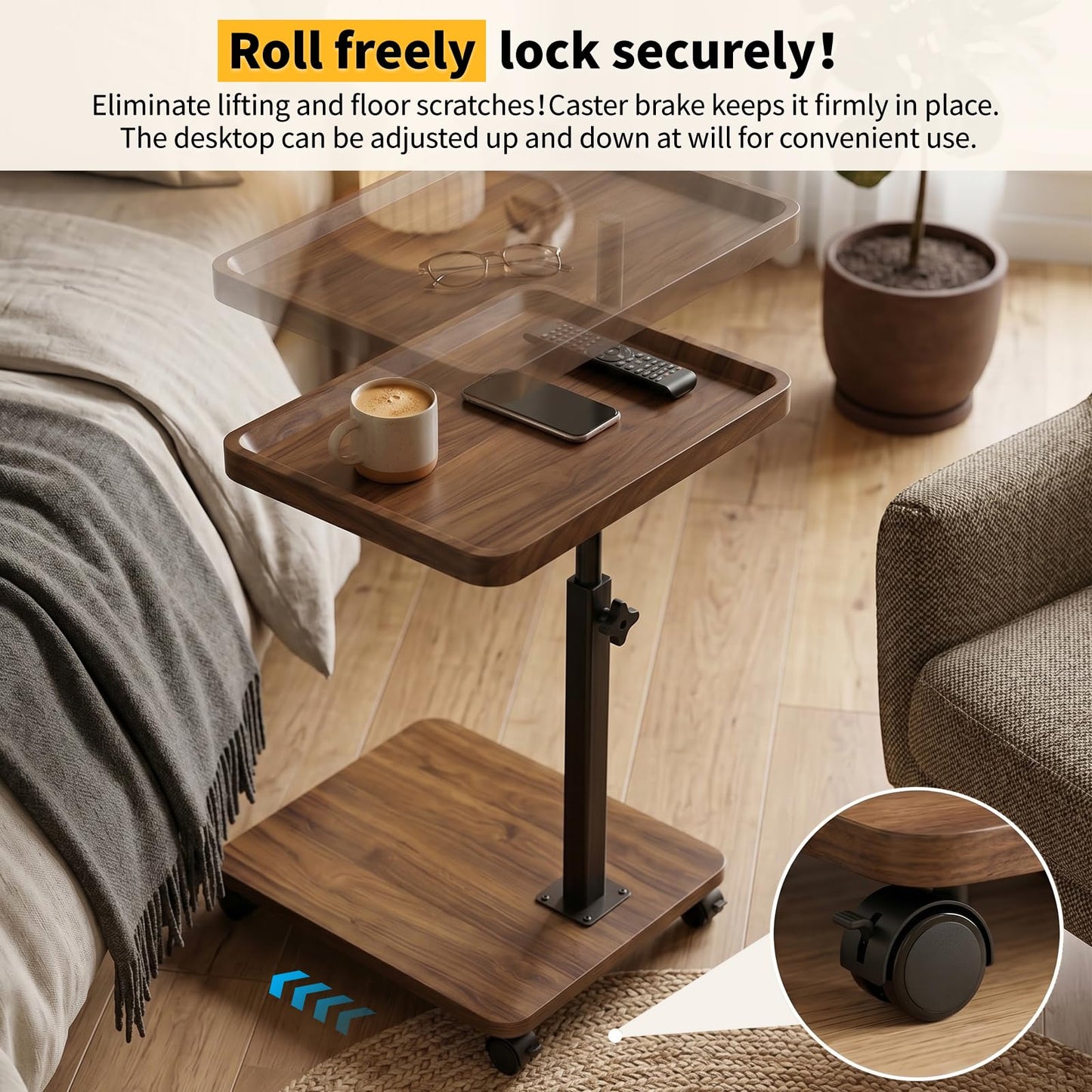 RIHEGIANT C Shaped End Table with Wheels, Adjustable Height & 360° Swivel TV Tray | Small Side Table for Living Room, Couch, Sofa, Bedside | C-Shaped Side Table