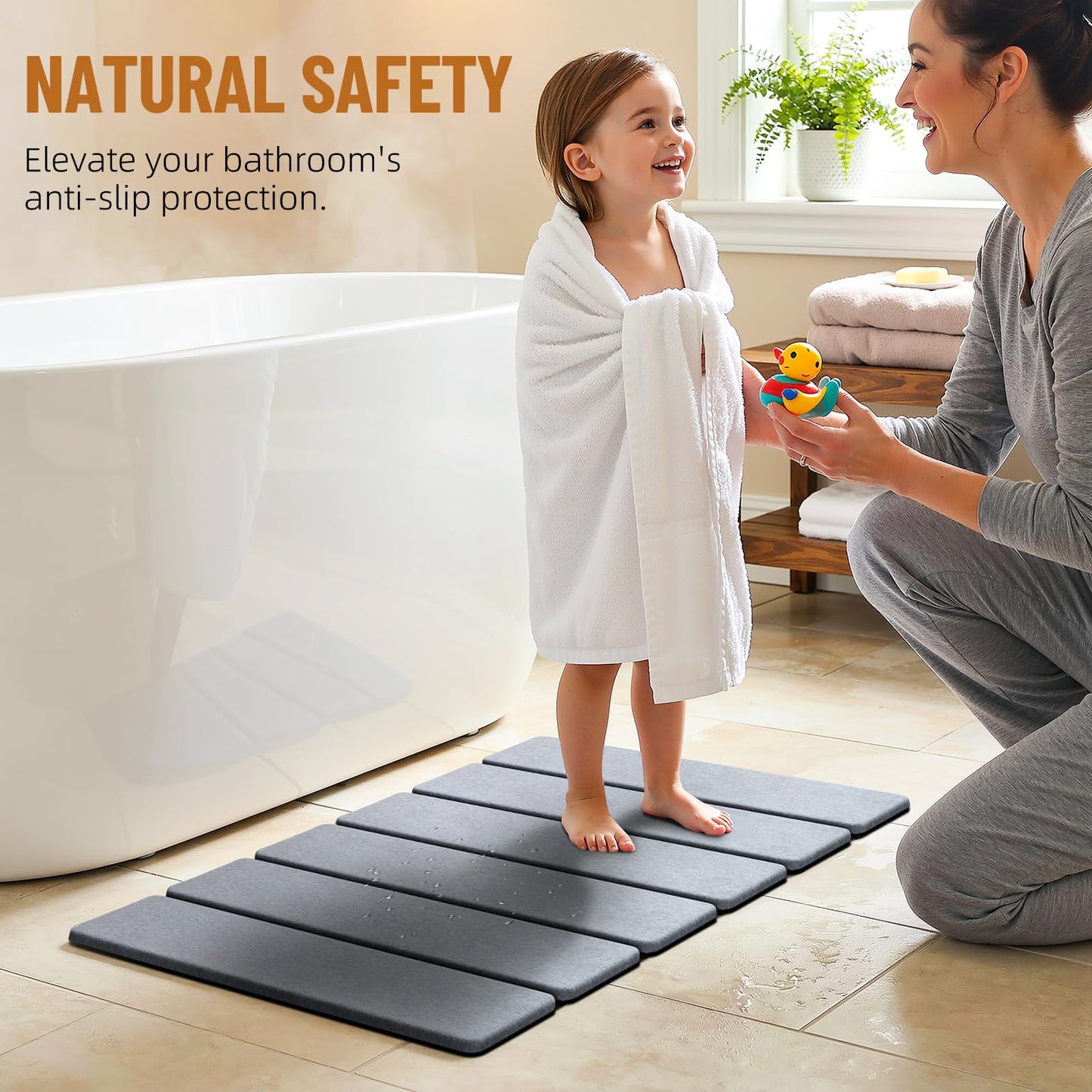 Luxspire Stone Bath Mat Foldable, Quick Drying Diatomaceous Earth Bath Mat for Bathroom, Large Bathroom Rug with Non-Slip Rubber Base, Easy Clean Shower Mat Outside Shower, 24 x 16 inch, Dark Gray