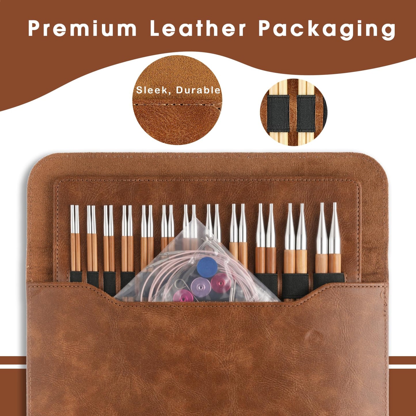 Guclud Bamboo Knitting Needles Set, 5-Inch Interchangeable Circular Knitting Needles US 4-15 (3.5-10mm),12 Pairs of Hand-Polished Circular Needles, 4 Cables, Accessories & Case (Bamboo/Silver Tip)