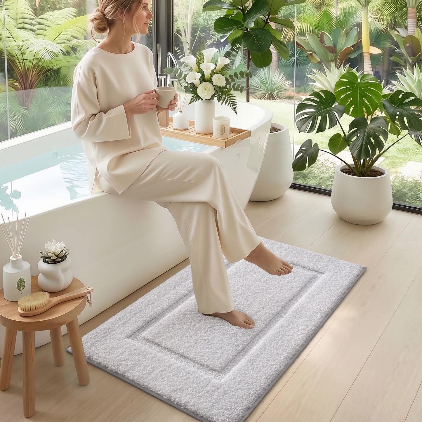 DEXI Bath Mat 20x32, Water Absorbent Microfiber Large Bathroom Rug with Non Slip Backing, Machine Washable Bathmat Shower Carpet for Floor, Tub, White