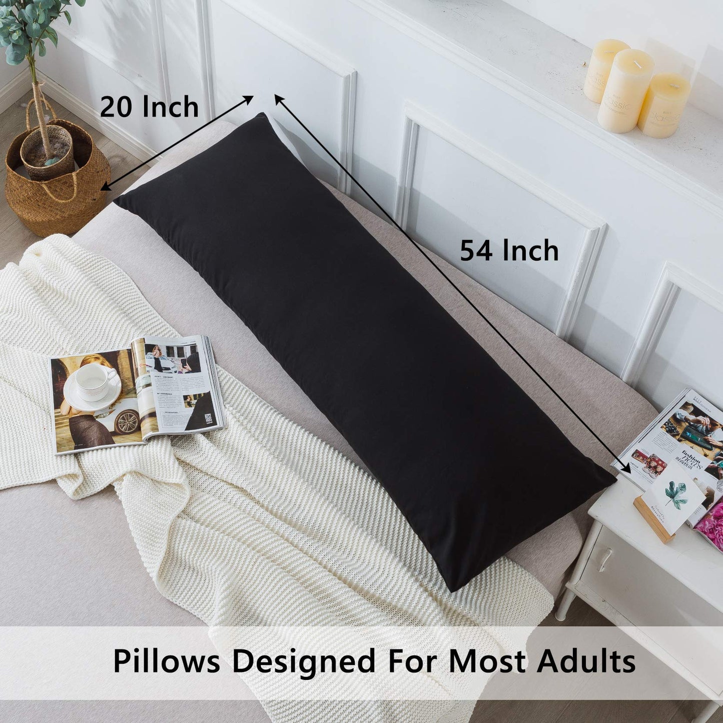 ELNIDO QUEEN Body Pillow with Pillowcase-Soft Long Bed Pillow for Adults-Breathable Full Body Pillow Insert for Sleeping,20x54inches-Black