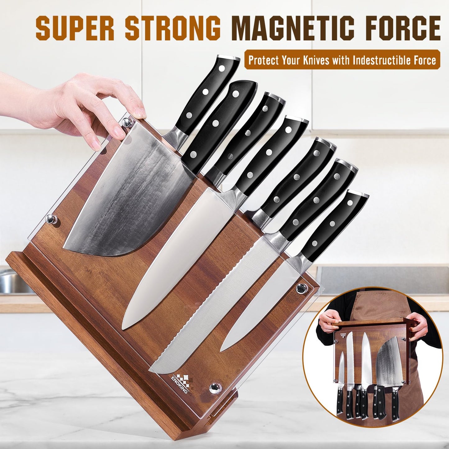 ENOKING Magnetic Knife Block with Acrylic Shield 12 x 9 Inches, Double Side Kitchen Knife Holder Without Knives- Acacia Wood Universal Knife Storage Organizer with Powerful Magnet for Kitchen Counter