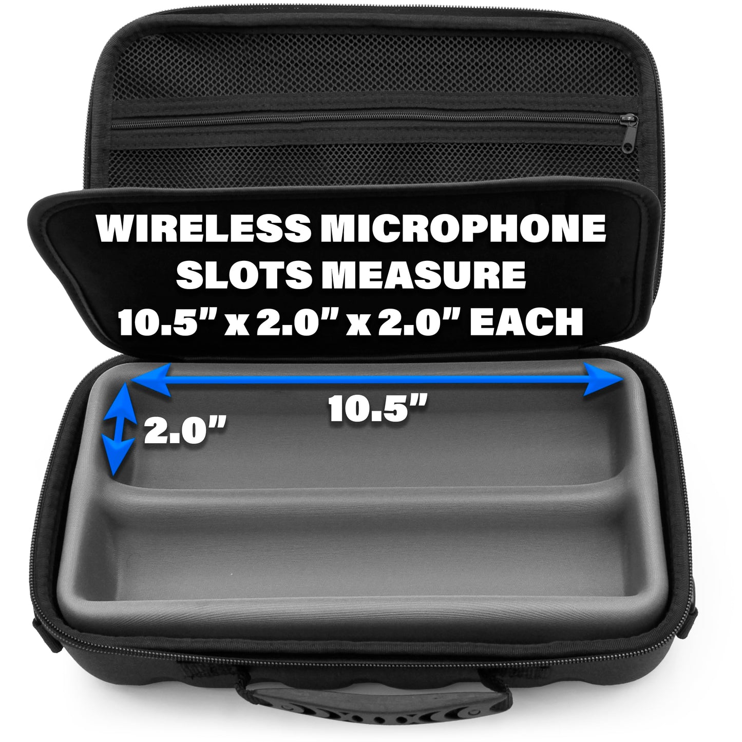 CASEMATIX Two Wireless Microphone Case Compatible with Wireless Mic System Handheld Microphones Sennhesier, Shure and More, Dual Mic Bag with Shoulder Strap and Hard Shell Exterior
