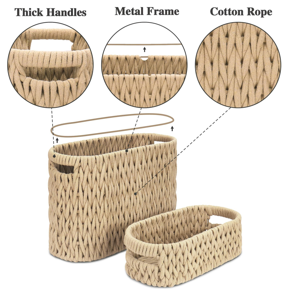 Boho Toilet Paper Storage Baskets, Cotton Rope Woven Bathroom Basket Set of 2, Standing Toilet Paper Holder for 6 Mega Rolls,Storage Bins for Toilet Tank Top, Bathroom Organizer Decor (Brown 2 Pack)