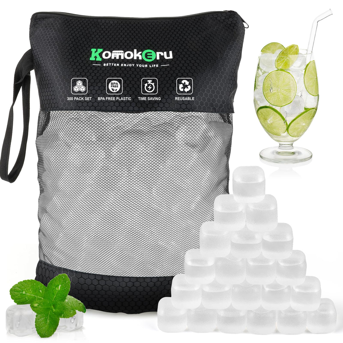 300 PCS Reusable Ice Cube for Drink, Refreezable Plastic ice Cubes Without Diluting BPA Free, Large Pack with Bag, Suitable for Whiskey Coffee Bars Ice Baths Camping, Instant Cooler Packs