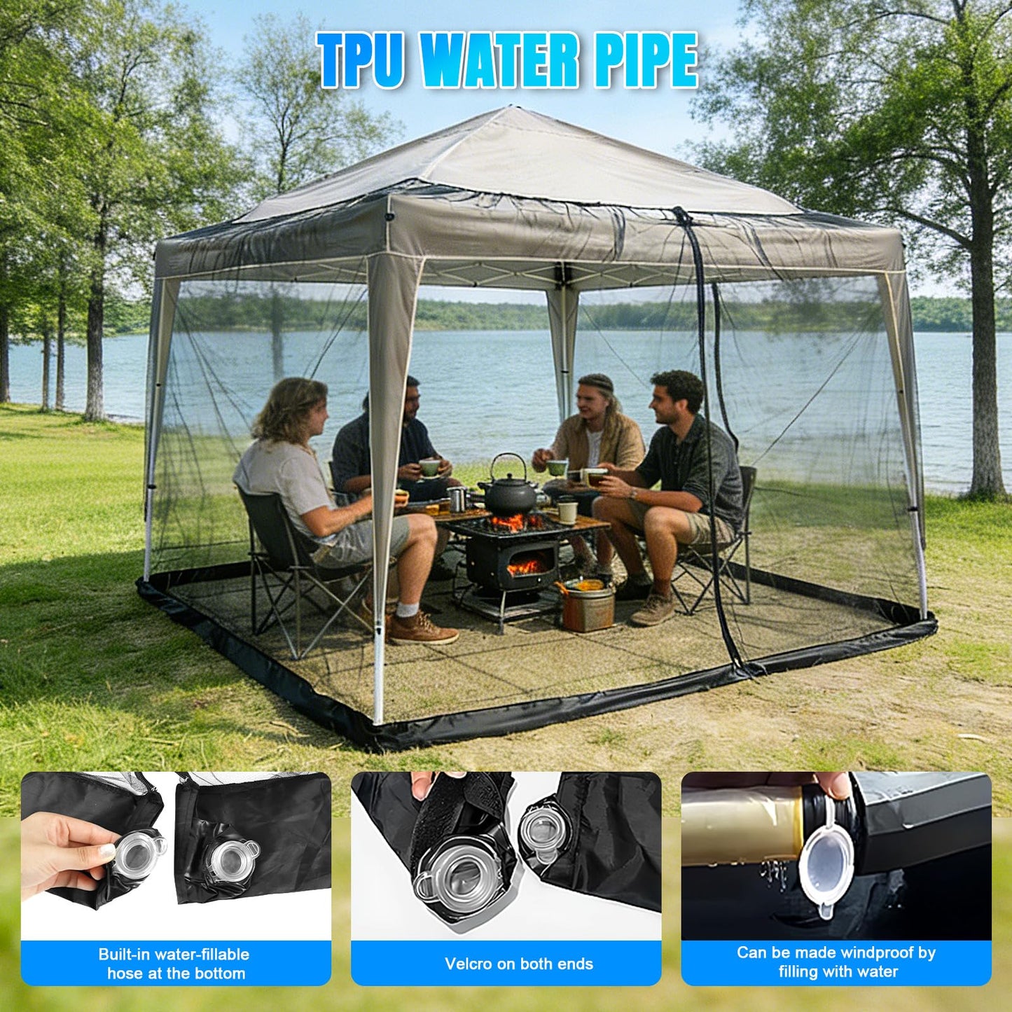 Patio Umbrellas Netting, 10' x 10' Gazebo Mosquito Netting, Otdoor Canopy Umbrella Screen, Hanging Mesh Tent with Double Zipper Door & Adjustable Rope & Weighted Bottom (Only Mosquito Net)