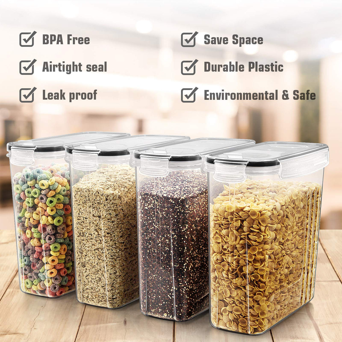 Wildone Storage Containers Set, Large BPA Free Plastic Airtight Food Containers 4L /135.3oz for Cereal, Flour, Sugar, 6 Piece Cereal Dispensers with 20 Labels & Marker, Black