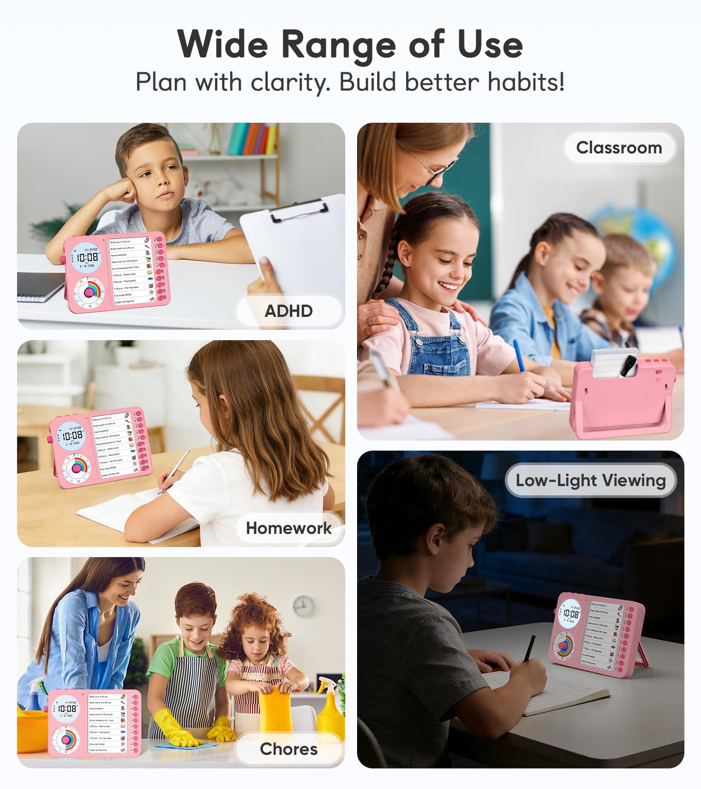 3-in-1 Visual Timer & ADHD Tool for Kids – ADHD Task Timer for Adults with Visual Schedule, Chore Chart & Planning Board for Home, School, Classroom, Work (Pink)