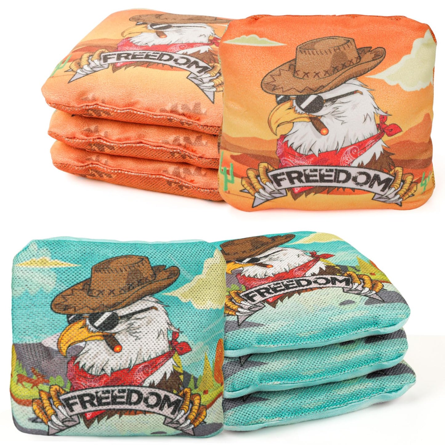 EunHo Cornhole Bags Regulation Dual Sided Set of 8, Non-Dusty Cornhole Bean Bags Slick & Sticky Side Bags with Carry Bag (Cow/Eagle)