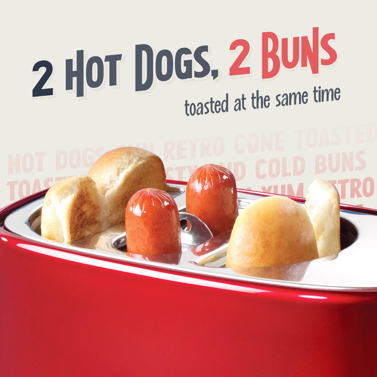 Nostalgia 2 Slot Hot Dog and Bun Toaster with Mini Tongs, Hot Dog Toaster Works with Chicken, Turkey, Veggie Links, Sausages and Brats, Retro Red
