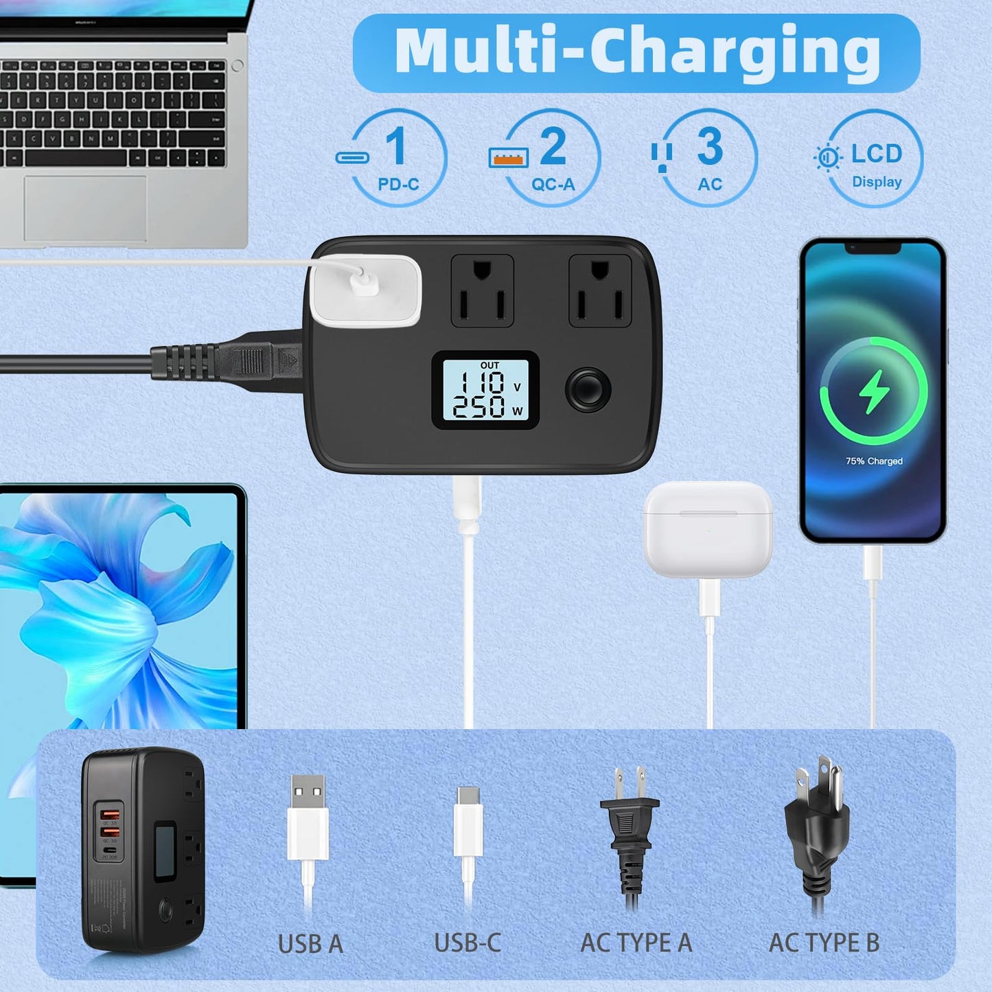 Voltage Converter 220v to 110v with PD 30W, QC3.0 and LCD Display, Universal Travel Adapter 250W Travel Power Converter Canada to Europe, UK,AU,Italy,Asia,India,South Africa