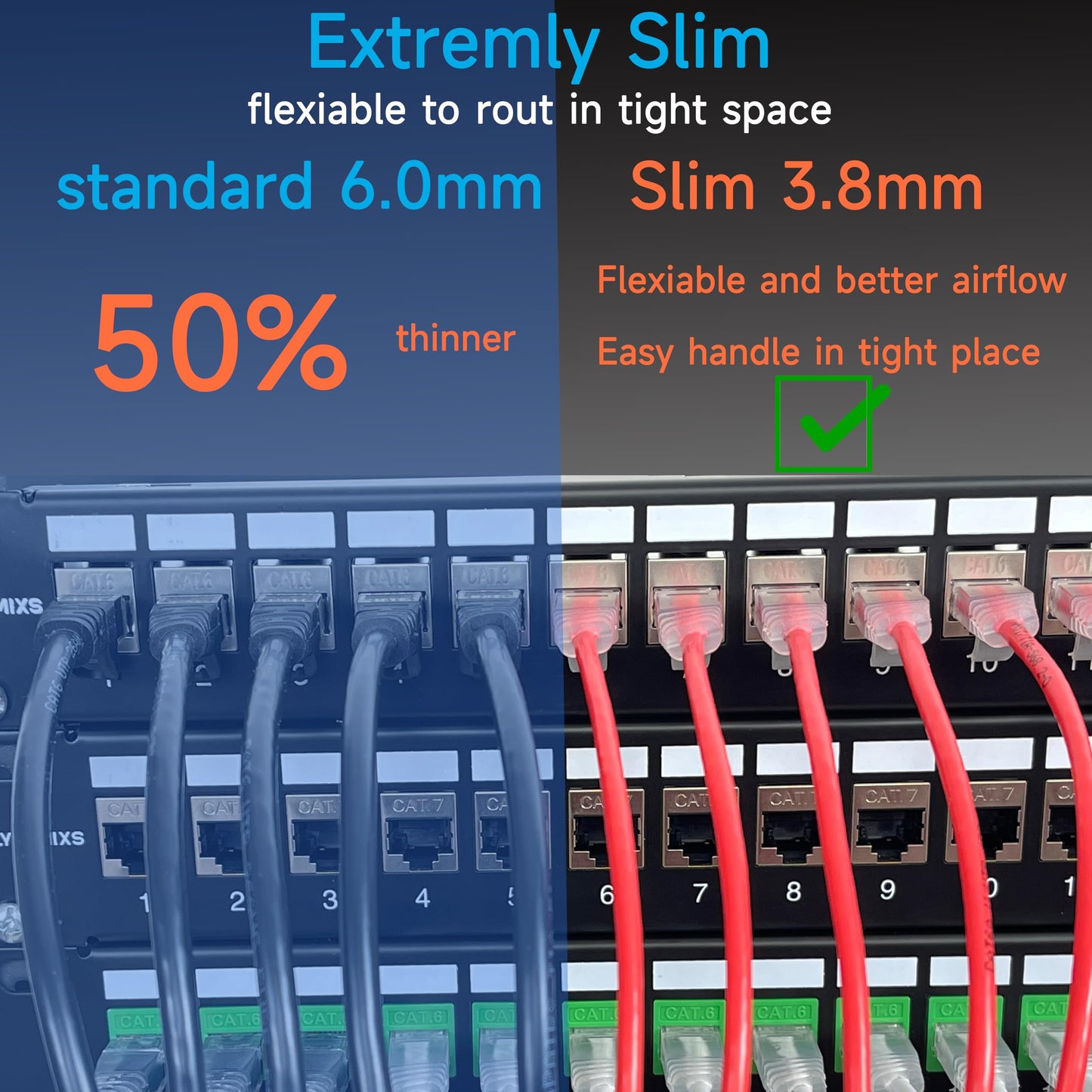 Lysymixs Cat6a Slim Ethernet Patch Cable 14 ft (24 Pack), Cat6a Patch Cable for Data Centers, Cat 6 Patch Cable 10G, Network Patch Cables for Home and Enterprise Network -Blue