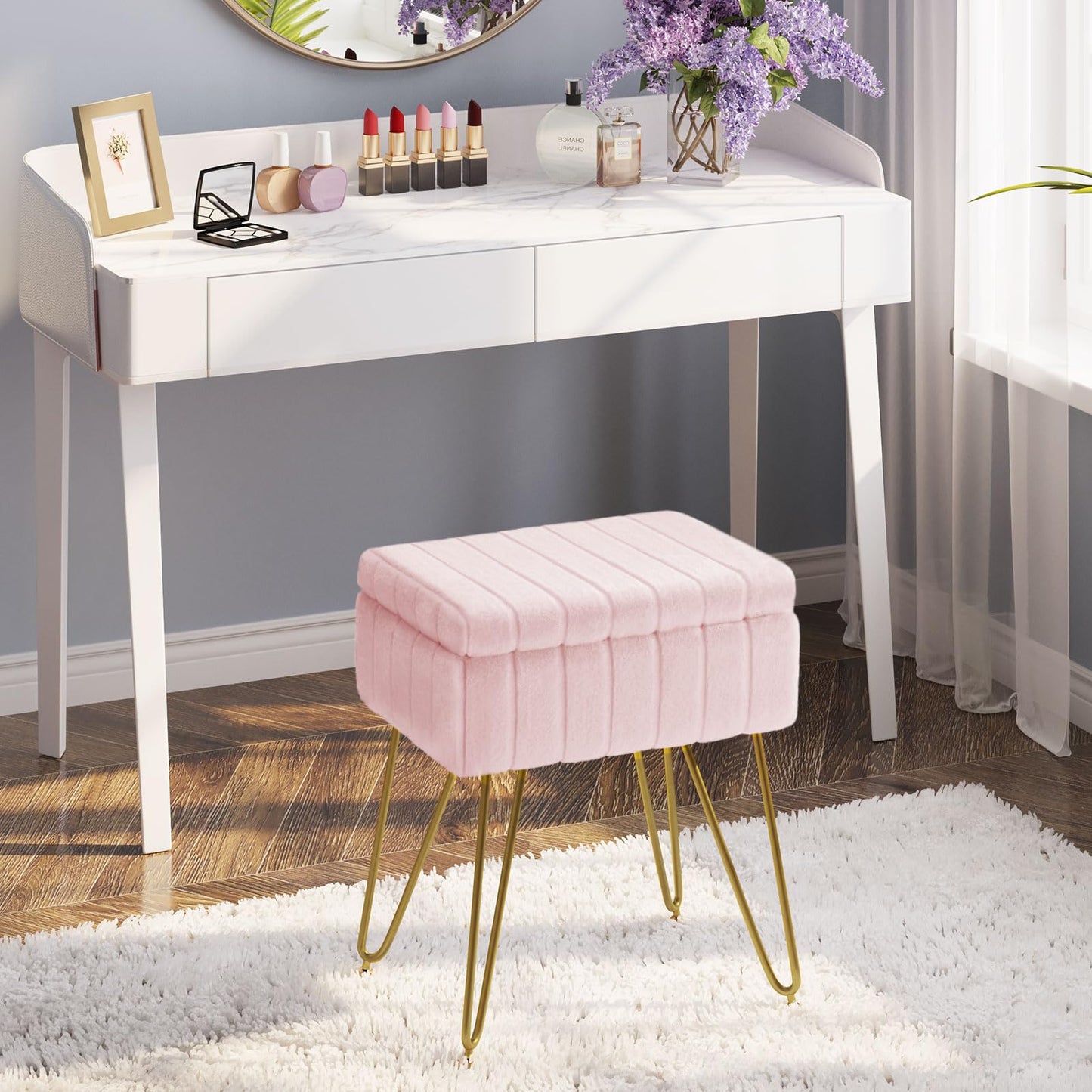 Greenstell Vanity Stool Chair Faux Fur with Storage, 19.4" H x 15.7" L x 11.8" W Soft Ottoman 4 Metal Legs with Anti-Slip Feet, Furry Padded Seat, Modern Multifunctional Chairs for Makeup, Bedroom