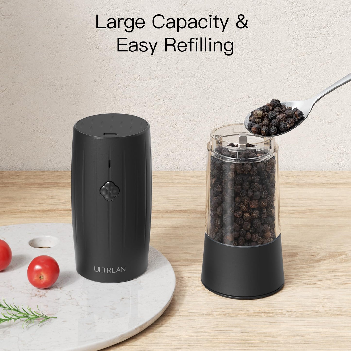 Ultrean Pepper Grinder 2pcs, Rechargeable Salt and Pepper Grinder with 6 Adjustable Coarseness, One-Hand Automatic Operation, LED Light(Black)