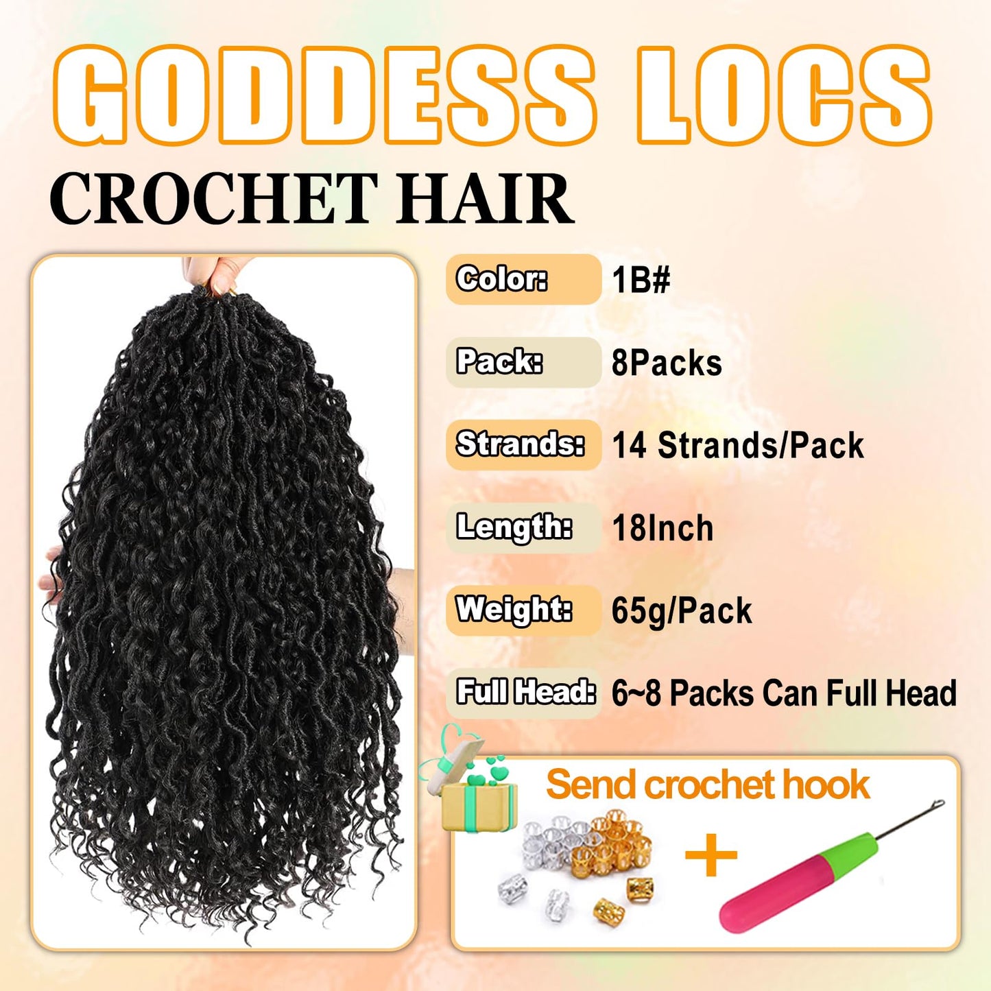 AMLUCKS 8 Packs Goddess Locs Crochet Hair Pre-Looped Boho Faux Locs Messy River Bohemian Crochet Hair for Black Women with Curly Ends (1B#, 18inch)