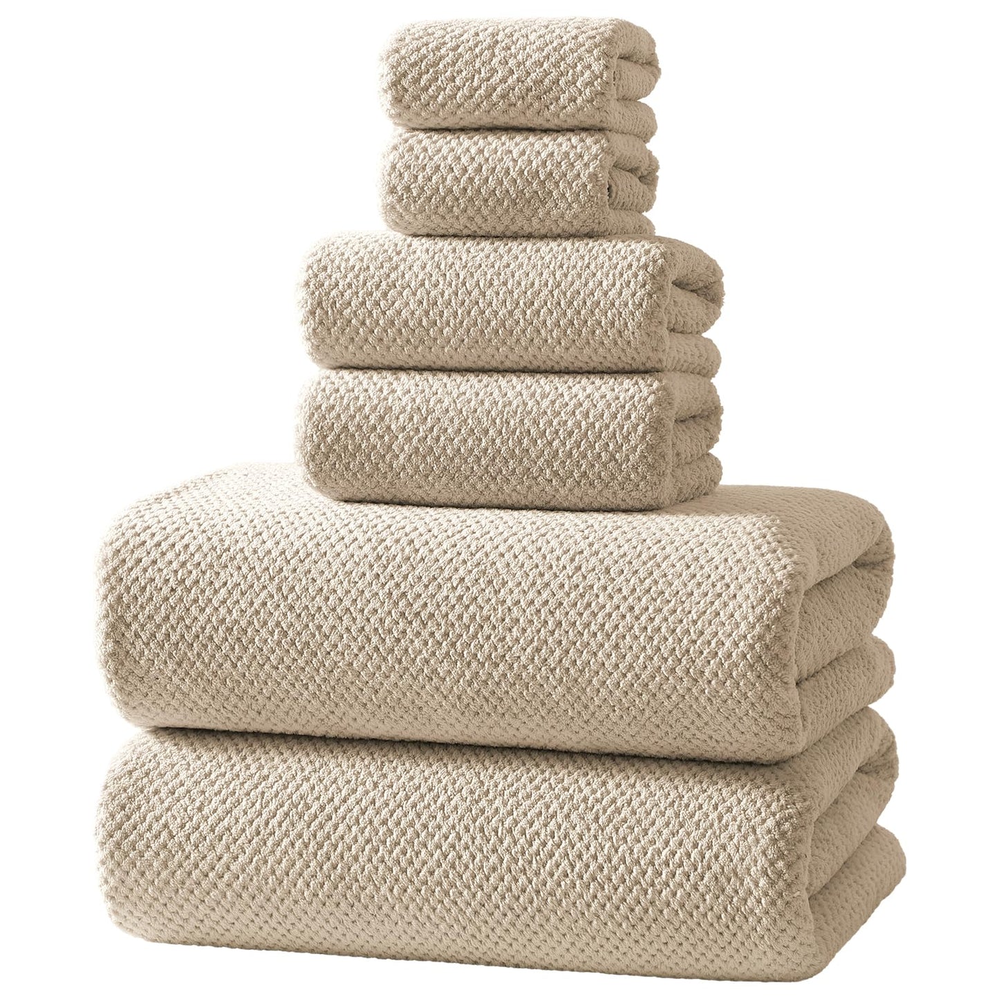 REDKISS 6-Piece Bath Towel Set - 2 Washcloths, 2 Hand Towels, 2 Bath Towels | Ultra-Fiber Coral Fleece, Super Absorbent, No Lint & No Fading | Perfect for Bathroom, Spa, Gym | Family & Adults-Camel