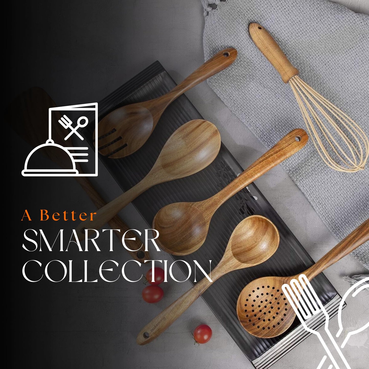 Wooden Spoons, 10 pcs Wooden Utensils for Cooking, Teak Wooden Spoon Set, Non-Toxic, Lightweight & Heat Resistant for Nonstick Pans & Cookware with Holder, Spoon Rest & Hooks.