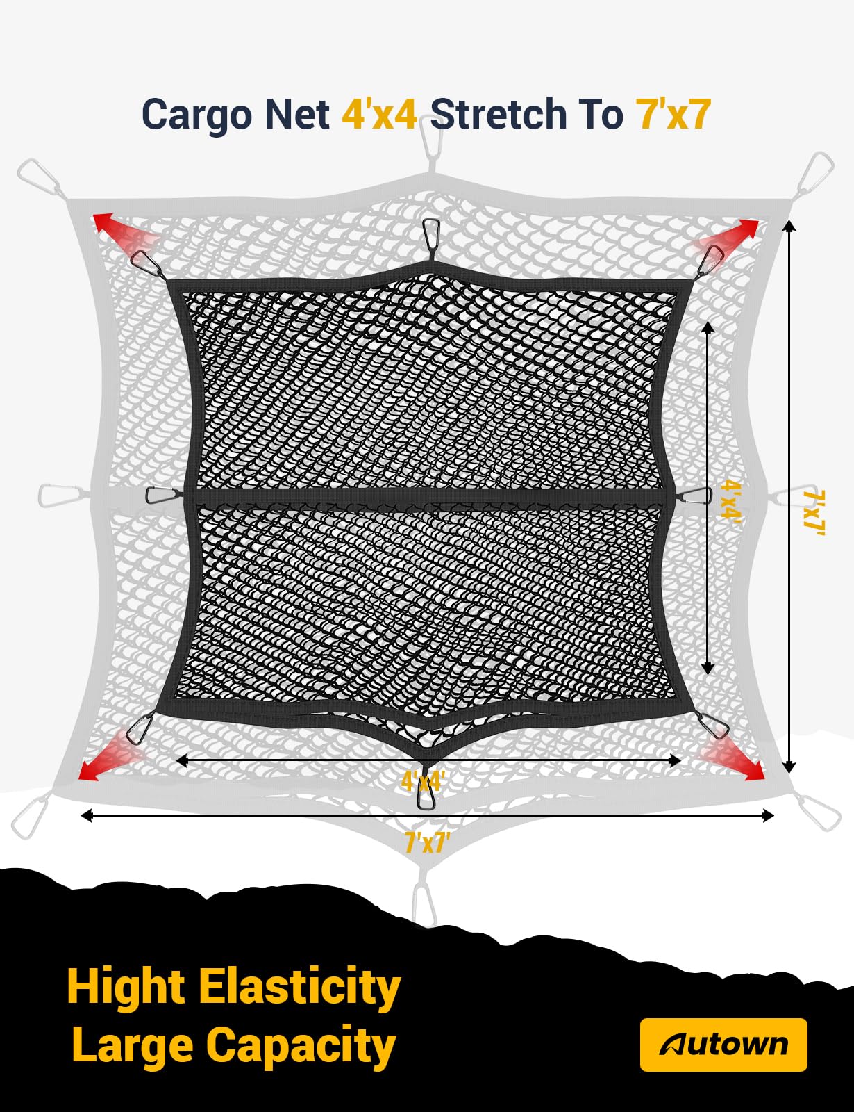 Cargo Net for Pickup Truck Bed - Stretchable 4'x4' to 7'x7', High Elastic Fine Mesh 1''x1'' with 8 Metal Carabiners - Ideal for ATV, SUV, UTV, Truck and Boat Use (Double Layer)