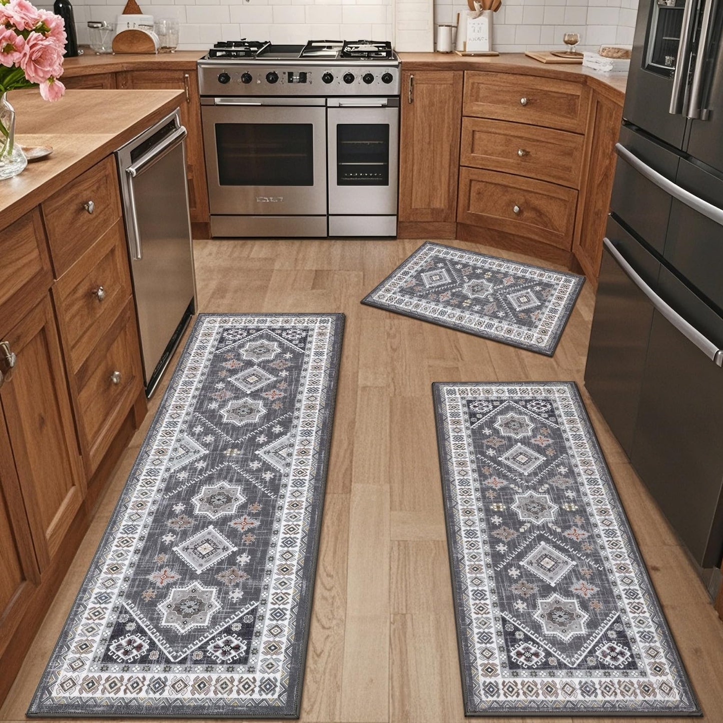HEBE Farmhouse Kitchen Rugs Sets of 3 Non Slip Washable Boho Kitchen Rugs and Mats for Floor Kitchen Runner Rug Floor Carpet for Kitchen, Laundry, Hallways