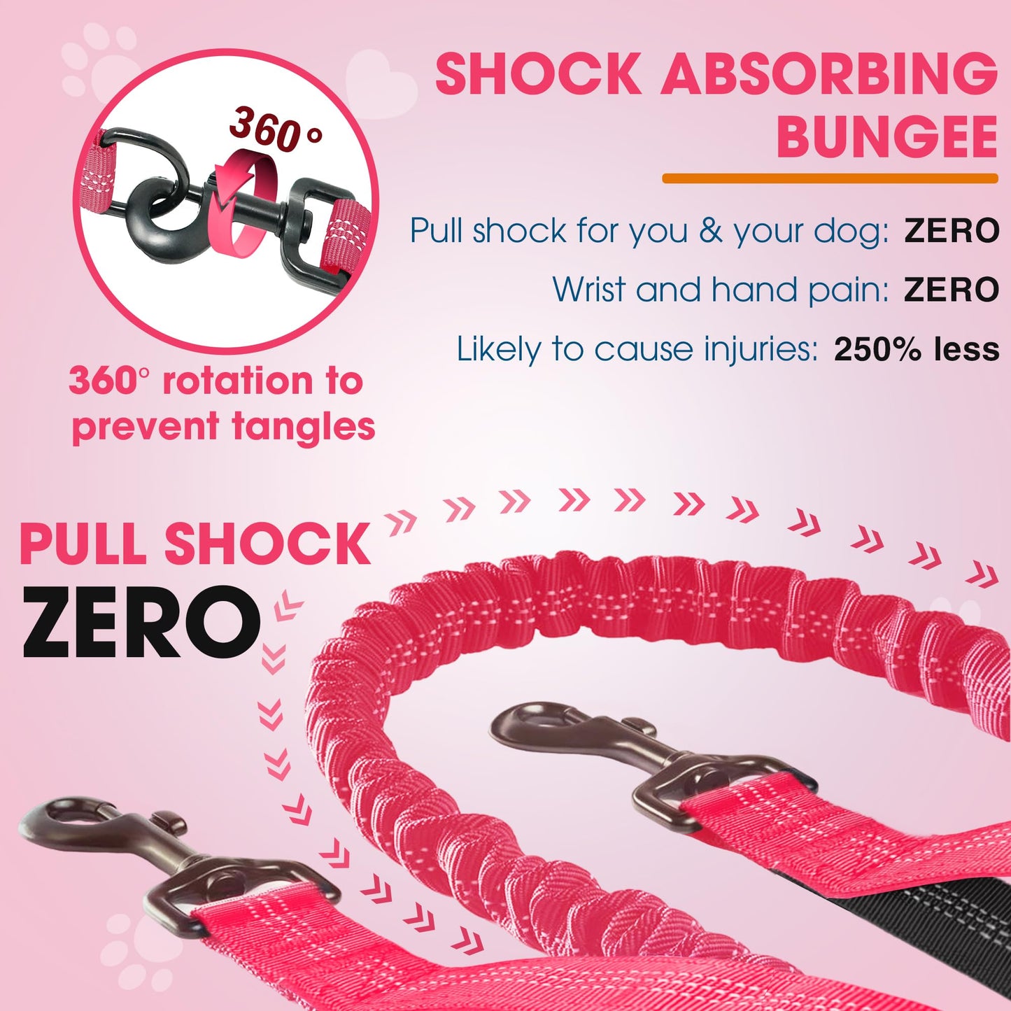 Hands Free Dog Leash with Waist Belt – No-Pull Bungee, Dual Padded Handles & Zipper Pouch for Running, Walking & Training – Adjustable Waist Leash for Large & Medium Dogs (Pink)