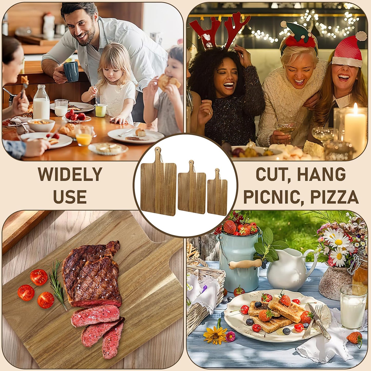 12 Pcs Acacia Wood Cutting Boards with Handle, Wooden Chopping Board Bulk, Meat Charcuterie Boards, Serving Board for Bread, Pizza, Cheese, Fruits, Vegetables (3 Sizes)