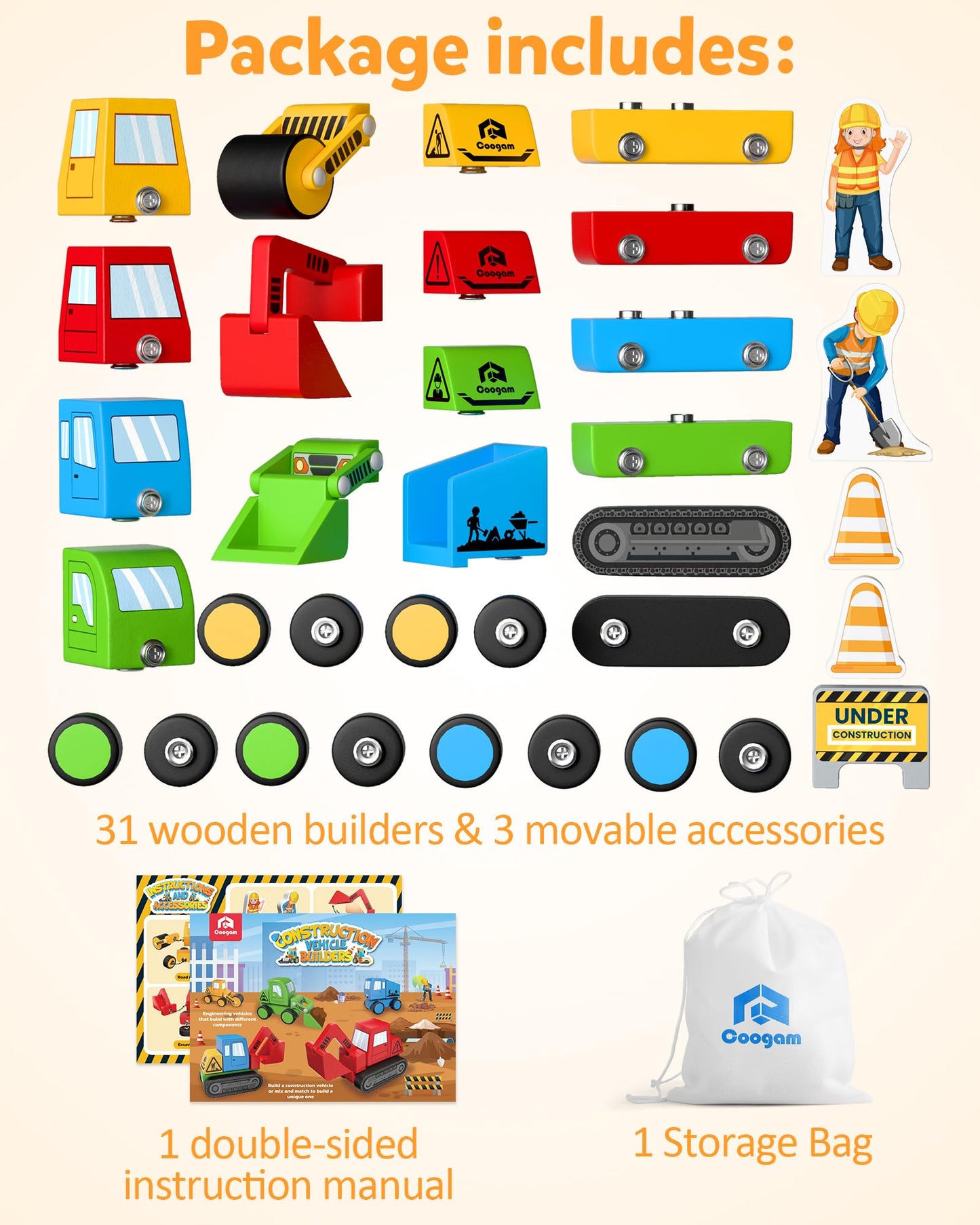 Coogam Take Apart Construction Truck Toys for Toddlers, Snap Together Engineering Car Building Block Set, STEM Fine Motor Skill Educational Montessori Toy Gift for Kids Ages 3-8