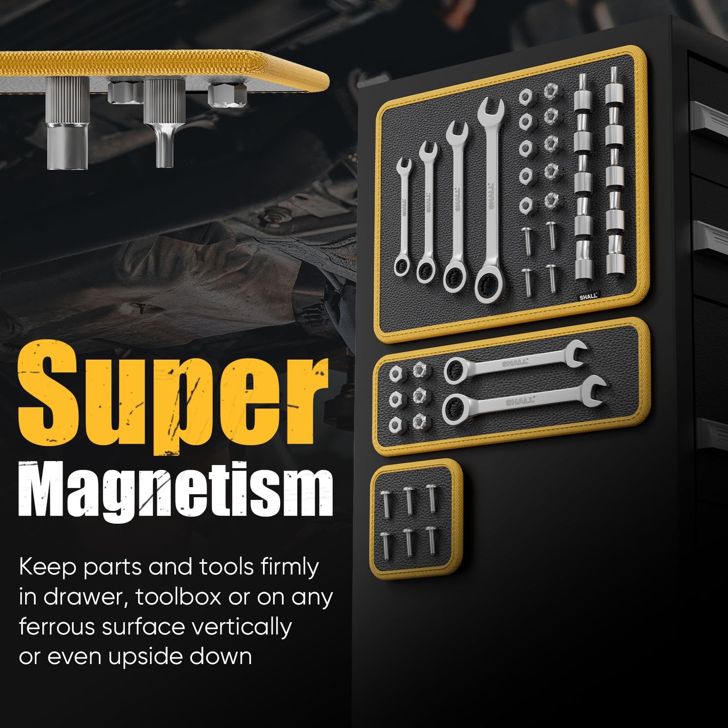 SHALL 3-Piece Magnetic Tool Parts Mat and Telescoping Magnetic Pickup Tool, Flexible Magnetic Tool Holder Pad W/ 83 Built-In-Magnets & 25LBS Pull Force Extendable Magnet for Mechanic Wrench Screw Bolt