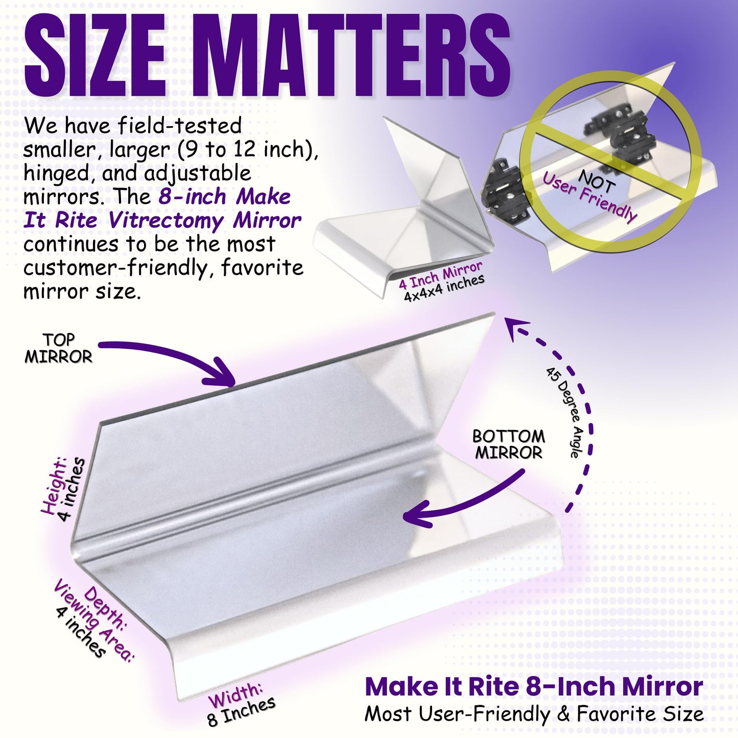 8" Rite Time 2-way Make It Rite Mirror for face down vitrectomy eye sight recovery (8" wide x 4" tall)