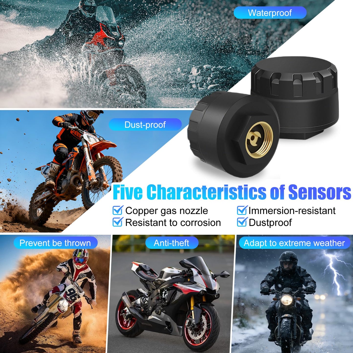 3T6B Wireless Tire Pressure Monitoring System with 2 TPMS External Sensors for Motorcycle & Bicycle, Real-time Tire Pressure and Temperature Alarm, Supports iOS & Android