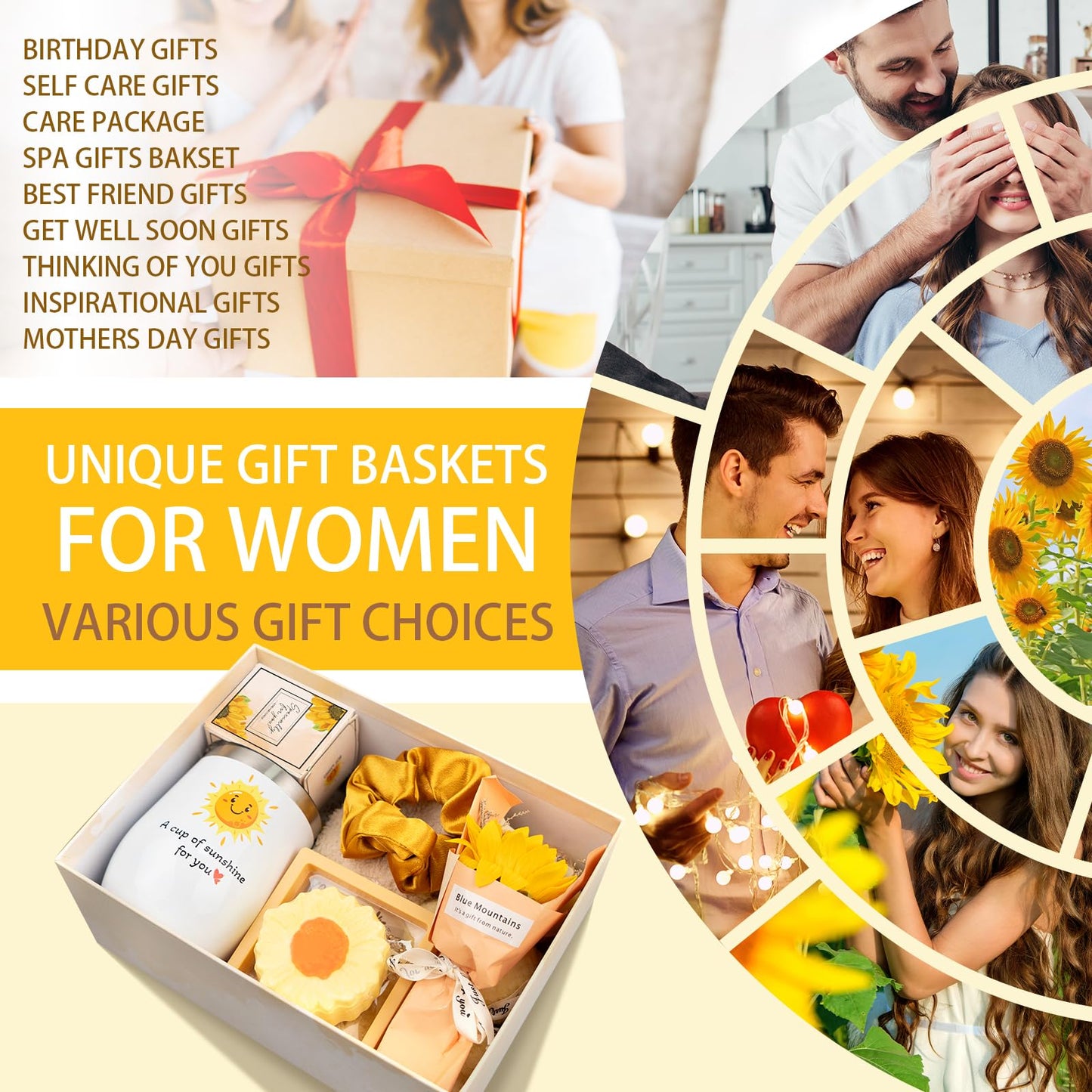 Birthday Gifts for Women, Sunflower Self-Care Package, Sending Sunshine Get Well Gifts for Women, Her, Sister, Mom, Best Friends, Unique Relaxation Spa Basket Perfect for Valentine's Mother's Day