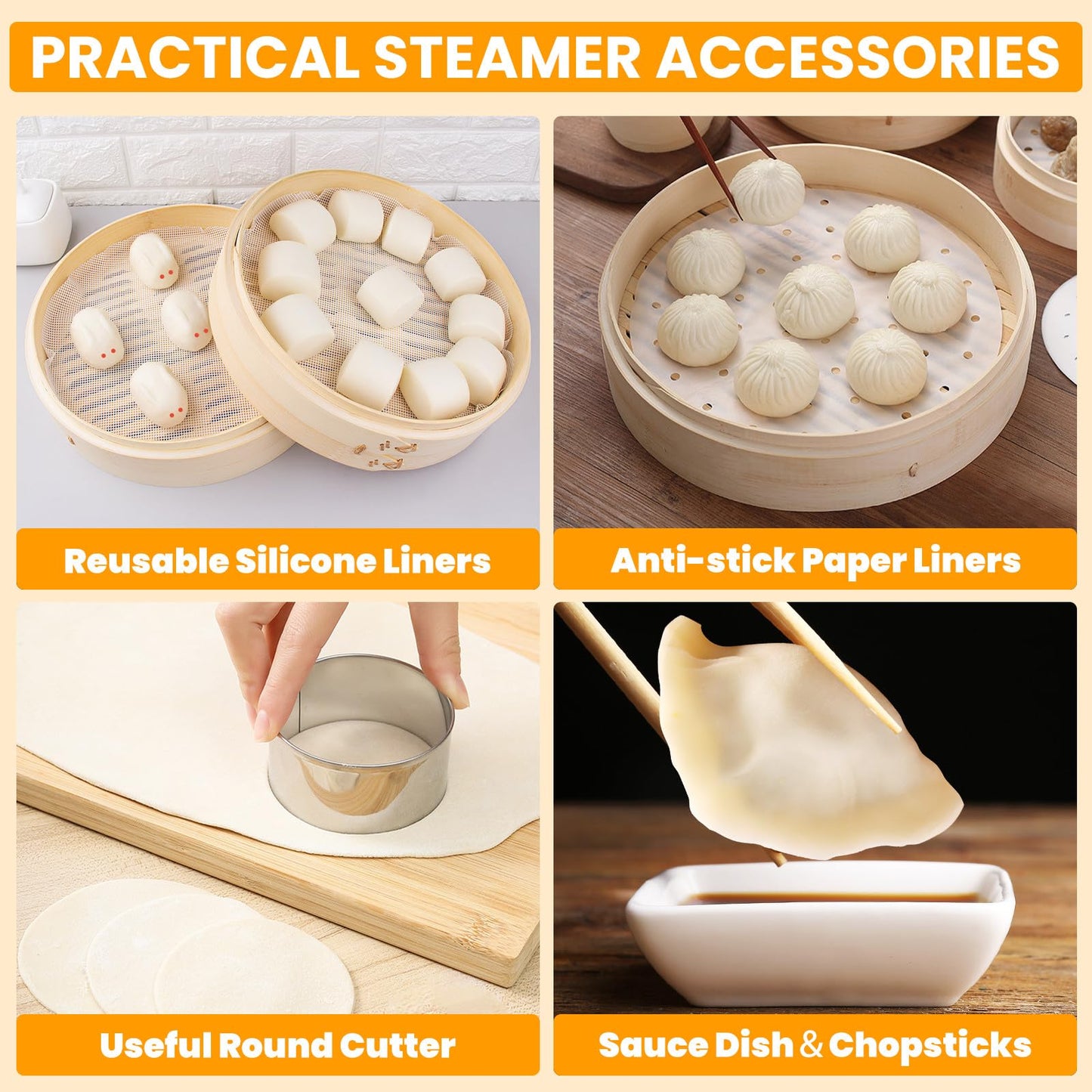 62 PCS 10 Inch 2 Tier Bamboo Steamer, Bamboo Steamer Basket, Dim Sum Basket, with 1Ring Adapter, 2Reusable Silicone Liner, 2 pairs of chopsticks, 2Sauce Dishes, 50Paper Liners, 1Ring