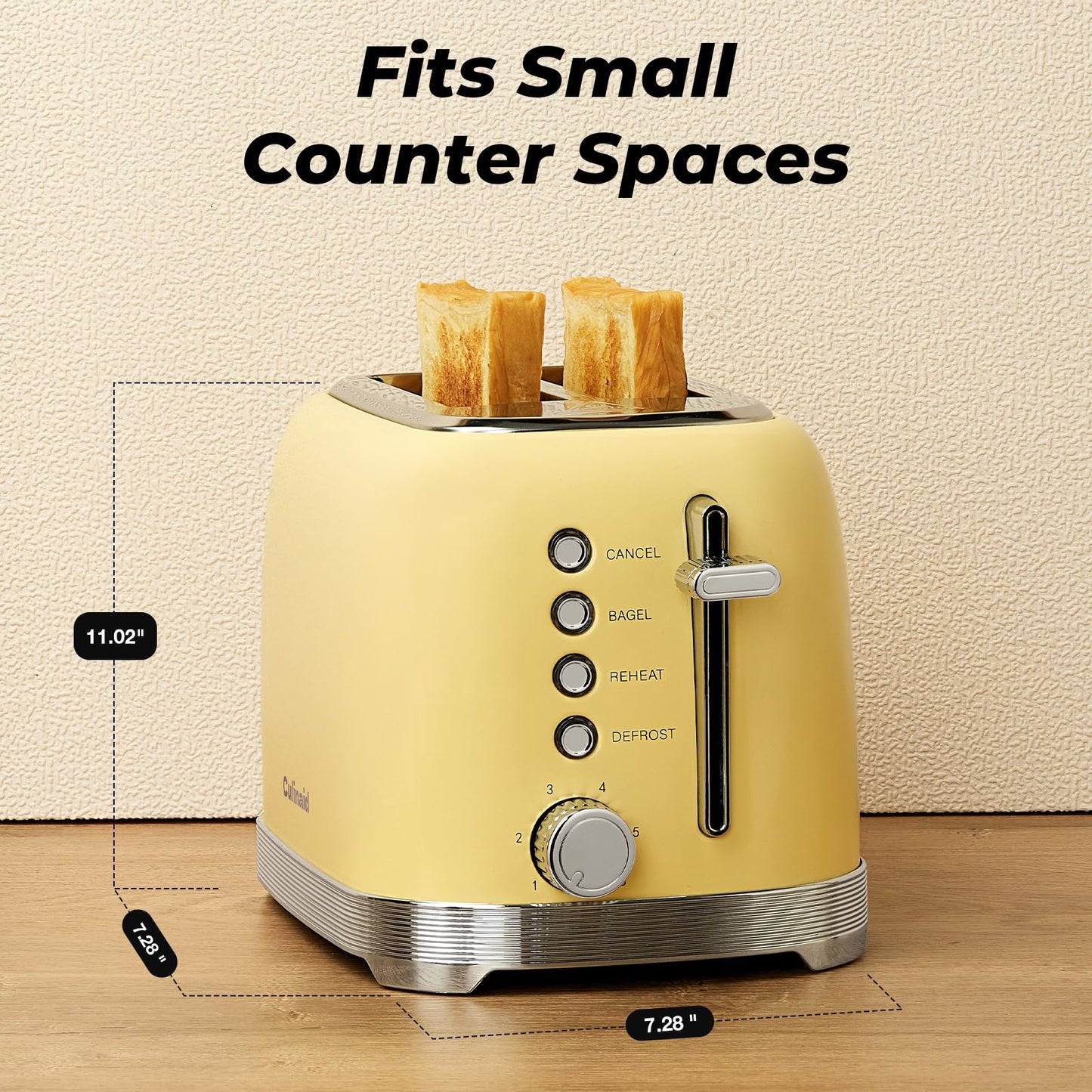 Culinaid 2 Slice Toaster Retro Stainless Steel with 1.5” Extra Wide Slots Bagel, Defrost, Reheat, Cancel Function, 6 Bread Shade Settings, Removable Crumb Tray, Yellow