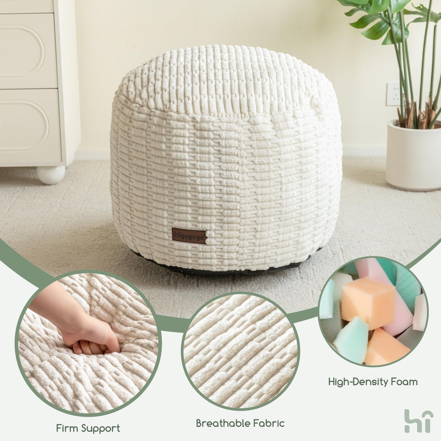 HIGOGOGO Pouf Ottoman Stuffed Round Modern Foam Filled Foot Rest Poufs for Living Room，26 X 18 Inches Footstool for Wedding Christmas Party, Beige