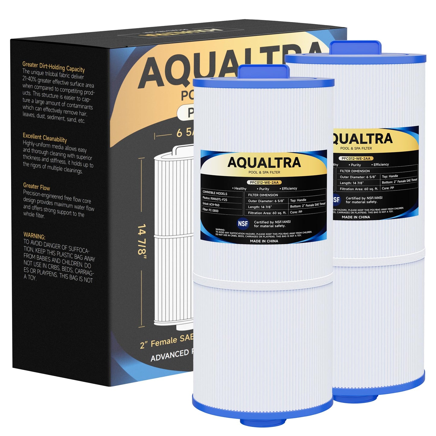 AQUALTRA 6CH-960 Spa Filter Replacement Compatible with PJW60TL-F2S, J-300, J400, FC-2800, 6 5/8”x 14 7/8”Screw in Hot Tub Filter with Closed Handle (Not be Removed) 2 Pack