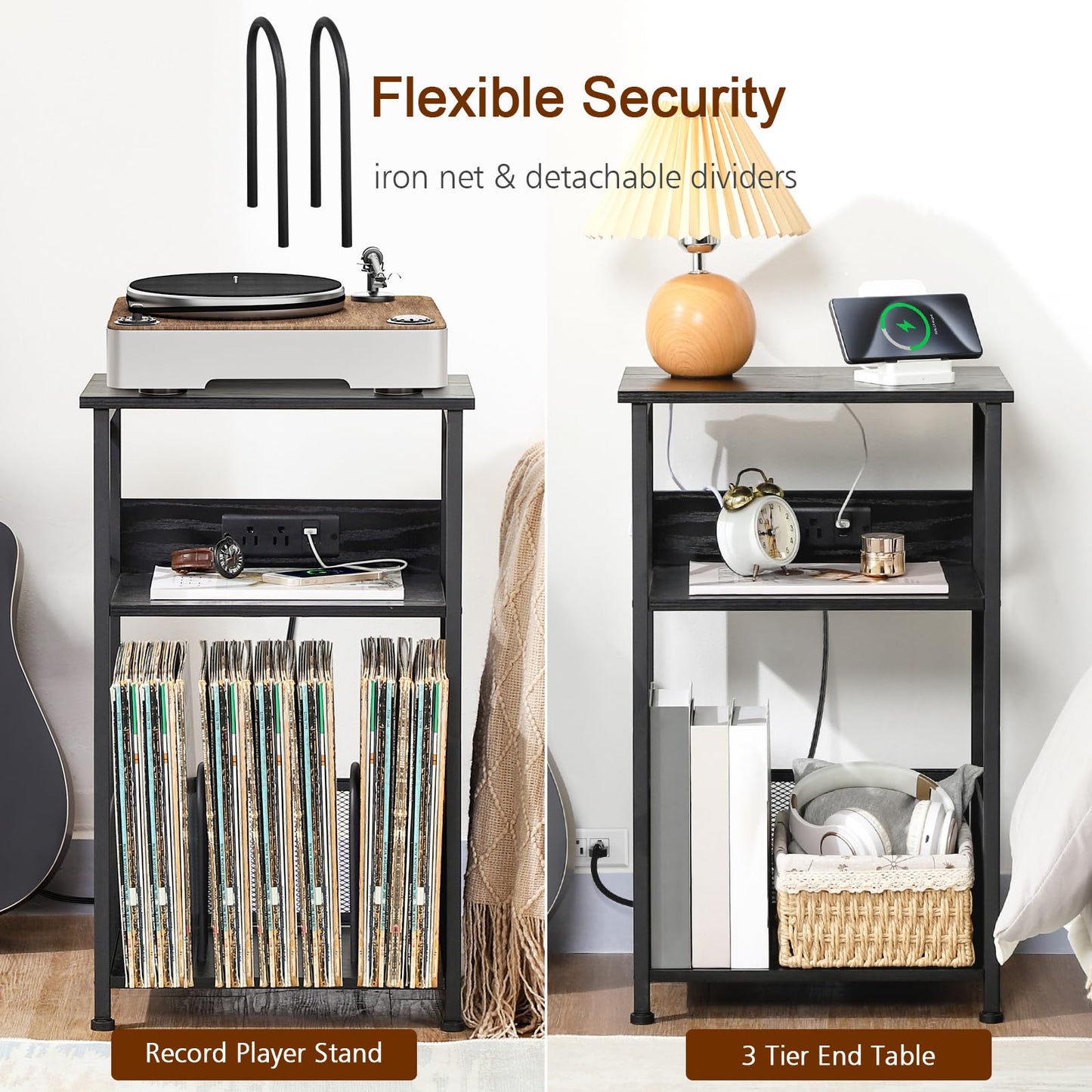 AMHANCIBLE Record Player Stand with Charging Station, Turntable Stand with Storage Cabinet, 3 Tier End Table Hold Up to 100 Albums, Record Stand for Vinyl, Living Room, Black, HETCD01BK-1