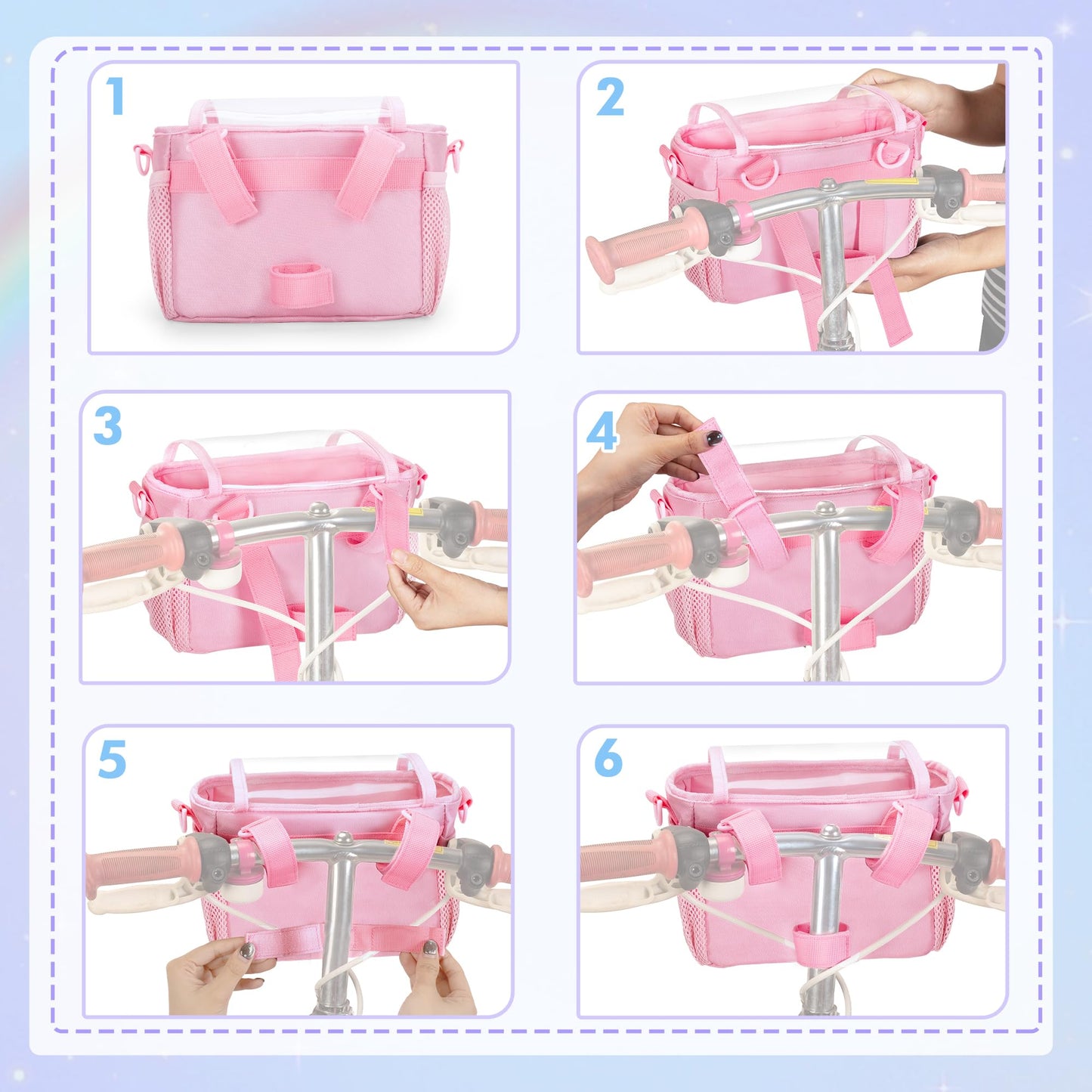 GRAOSO Kids Bike Basket, Bicycle Front Bag, Cute Bike Accessories for Girls Boys Fit Most of Handlebar, Tricycle, Scooter Bag with Detachable Shoulder Strap, Pink (Bag Only), Patented Design