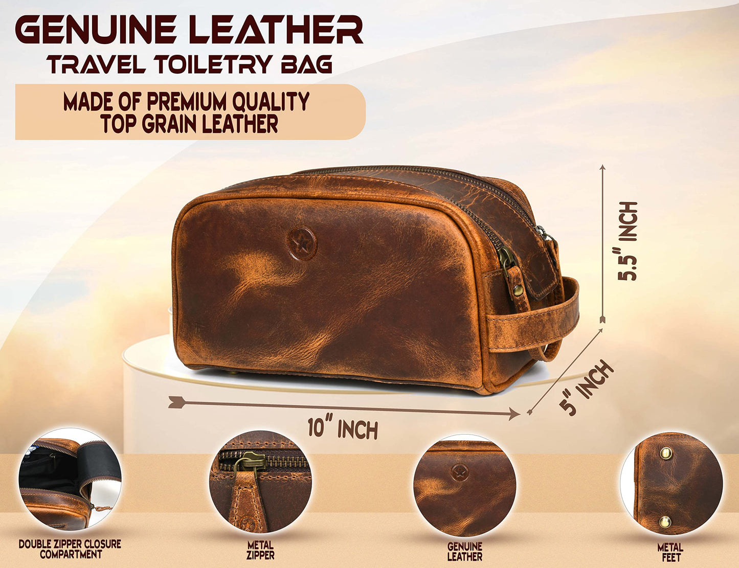 10" Premium Leather Toiletry Travel Pouch with Waterproof Lining | King-Size Handcrafted Vintage Dopp Kit by Aaron Leather Goods (Copper)