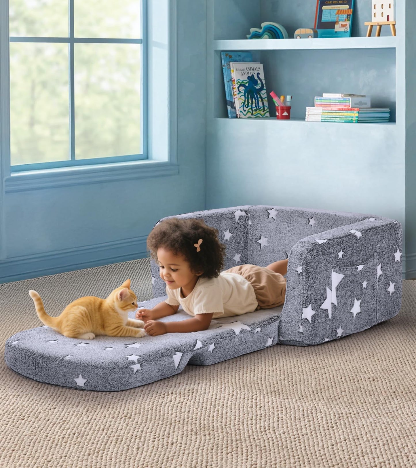 Kids Couch, 2-in-1 Soft Toddler Couch Fold Out with Blanket and Cloud Pillow, Glow in The Dark, Toddler Chair Comfy, Convertible Sofa, Gifts for Kids Girl Boys, Grey Star