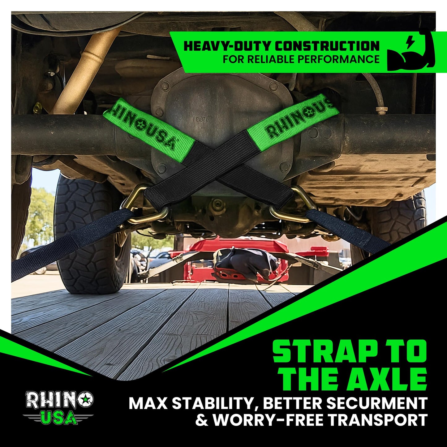Rhino USA Axle Tie Down Straps - Lab Inspected 11,128lb. Break Strength - Heavy Duty Protective Sleeves & D Rings to Ensure Peace of Mind - Used for Car Engine Hoist, Truck, Trailer, UTV (4-Pack Set)