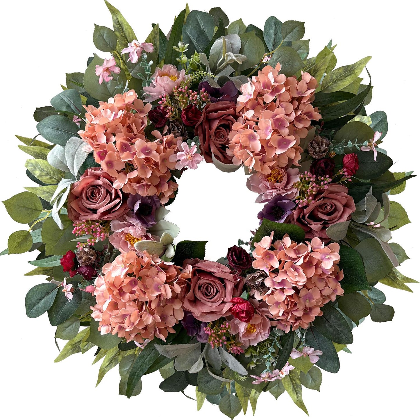 WANNA-CUL 24 Inch Spring Hydrangea Wreaths for Front Door,Spring Door Wreath with Rustic Pink Rose and Peony Flower for Wedding or Mothers Day Wreath Decor