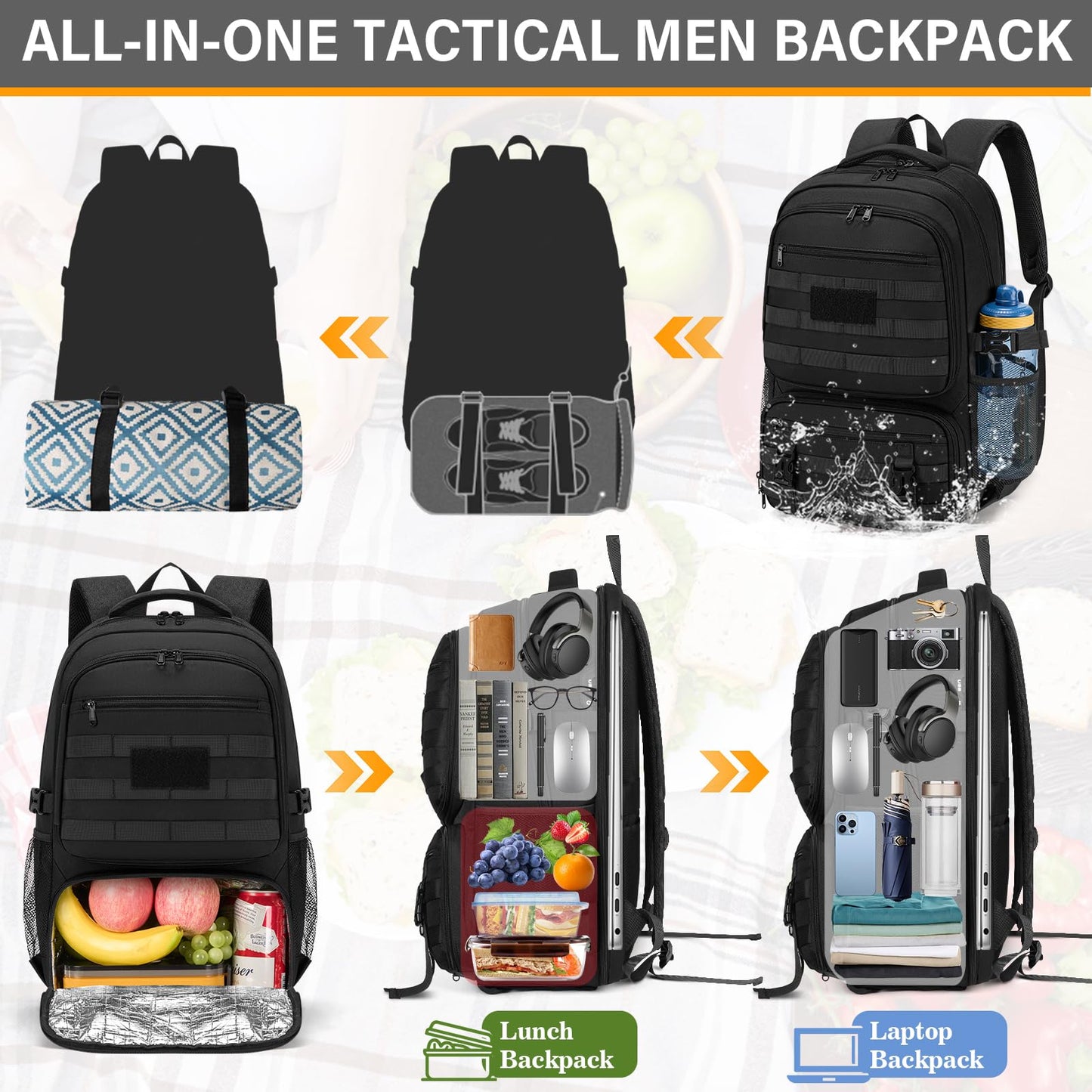 SDYSM Tactical Lunch Backpack for Men Women 17.3 Inch Laptop Backpack with USB Charging Port Military Work Backpack with Insulated Lunch Bag for Travel College Business, Black