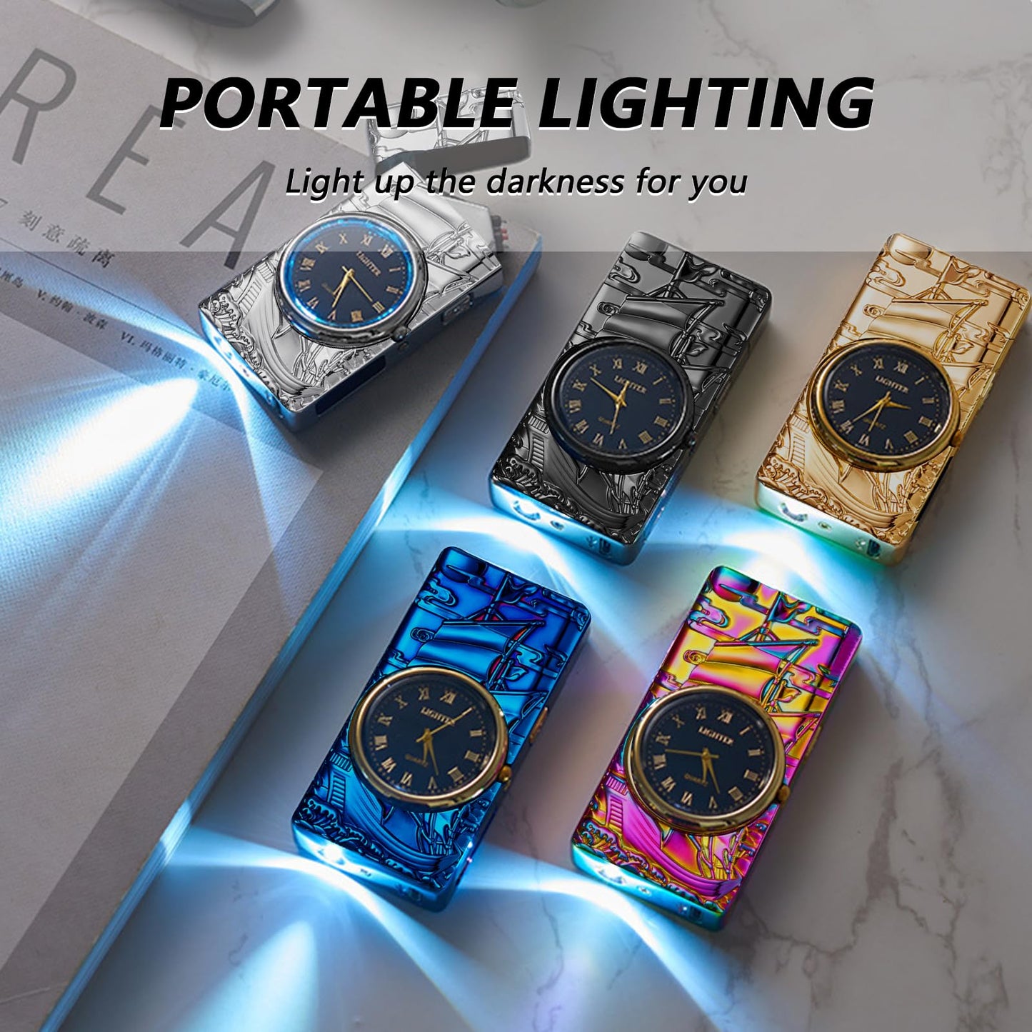 BABOBIU Electric Lighter Cool Lighter Windproof Flameless Candle Lighter USB Rechargeable Lighter with Cool Clock dial Gift for Men, Boyfriend, Husband (Colorful)