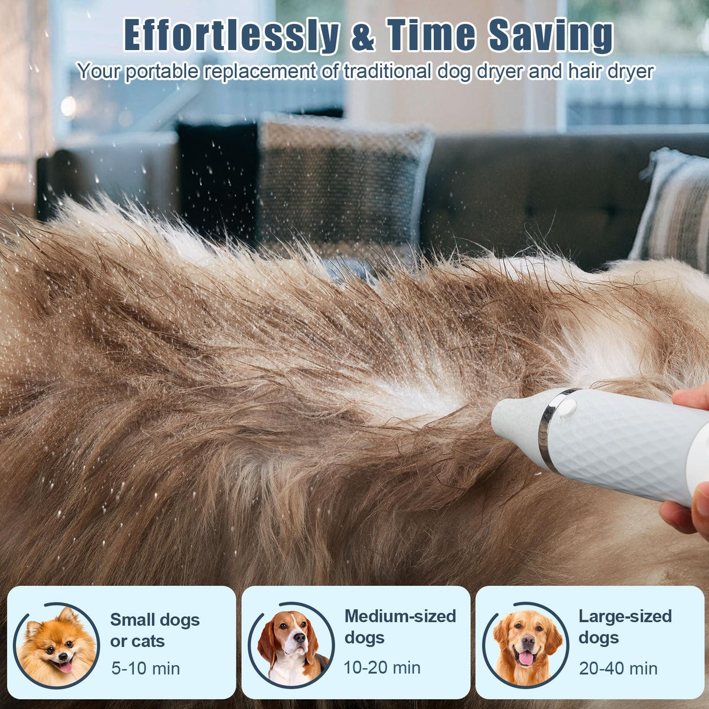 Ownpets 5 in 1 Portable Smart Pet Grooming Hair Dryer, low noise, with dehairing comb, 5 nozzles, 3-speed temperature adjustment, 3-speed wind speed, suitable for dog grooming hair dryer, suitable for home travel use